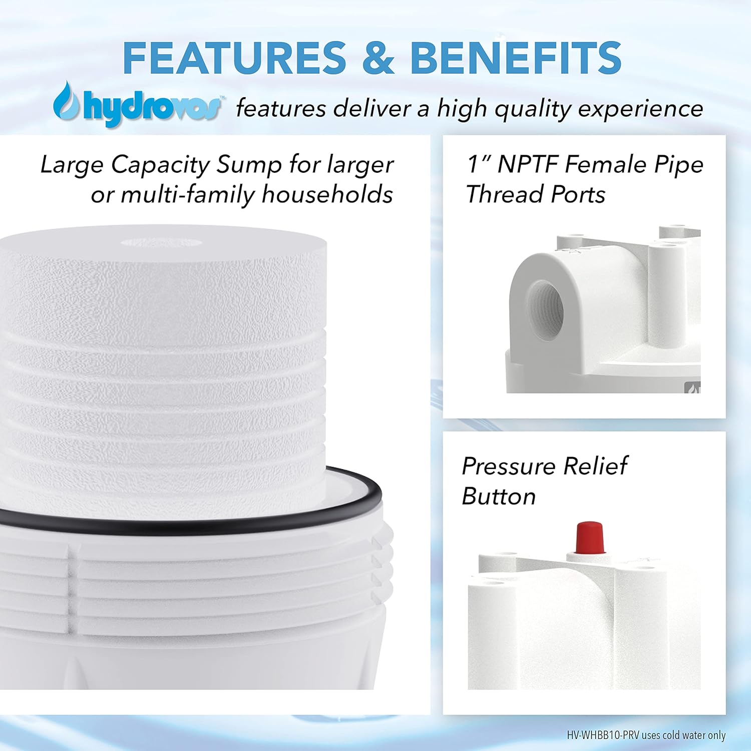 HYDROVOS 10" x 4.5" Large Capacity Whole House Water Filter Housing, NSF Certified, 1” NPTF Port, Pressure Relief Button, Reduces Sediment, 10-Inch Universal Housing for Well and City Water