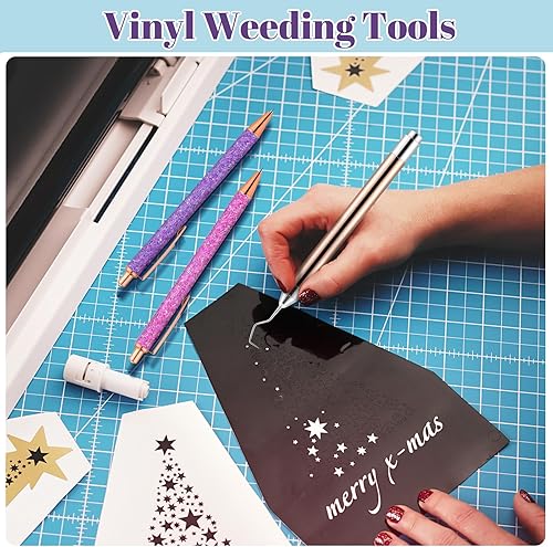 Miniatura 7 de Therwen Kit de 10 herramientas de deshierbe para vinilo, incluye 1 herramienta de deshierbe LED con luz para vinilo con 5 cabezales de bolígrafo