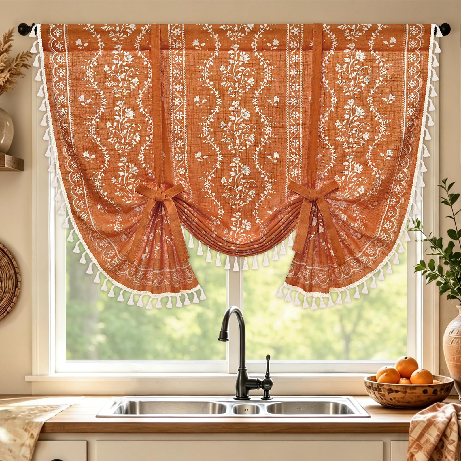Yinhua Boho Tie Up Curtains for Windows Vintage Linen Valance Light Filtering Floral Valance Rod Pocket Rustic Adjustable Tassel Window Valances for Bathroom, 42" W X 45" L, Orange
