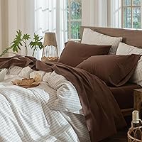 Vista 15 de MooMee – Juego de sábanas Gingham 100% algodón lavado con textura parecida al lino transpirable suave con bolsillo elástico de 16-19" de profundidad