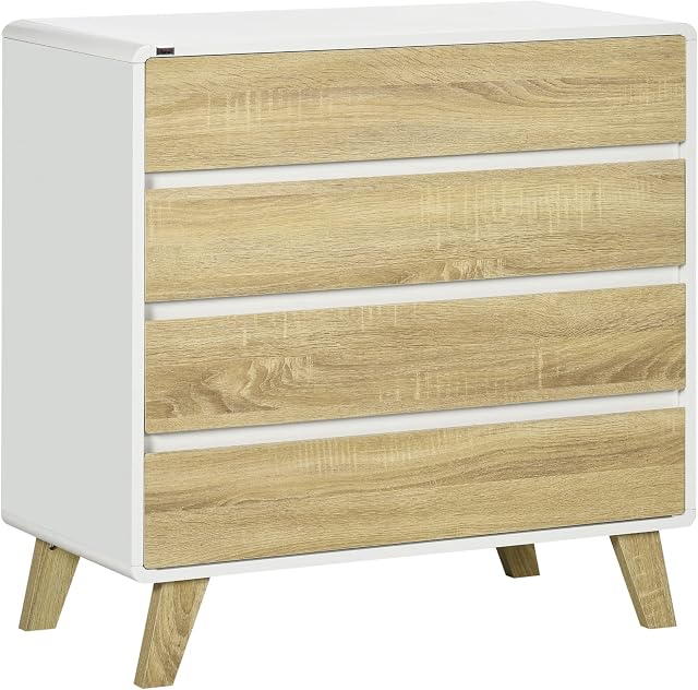 HOMCOM Chest of Drawers, 4-Drawer Storage Cabinet Organiser with Legs for Bedroom, Living Room, White and Natural