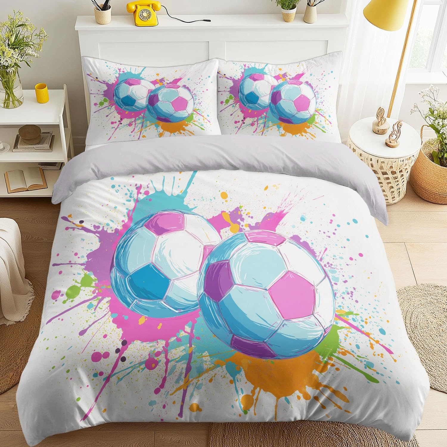 Dynamic Football Super King zestaw pościeli na łóżko dla dorosłych, dzieci, chłopców, dziewcząt, energiczny rozprysk, futbol uliczny, ultramiękkie, dwustronne, 3-częściowe poszewki na kołdrę z 2