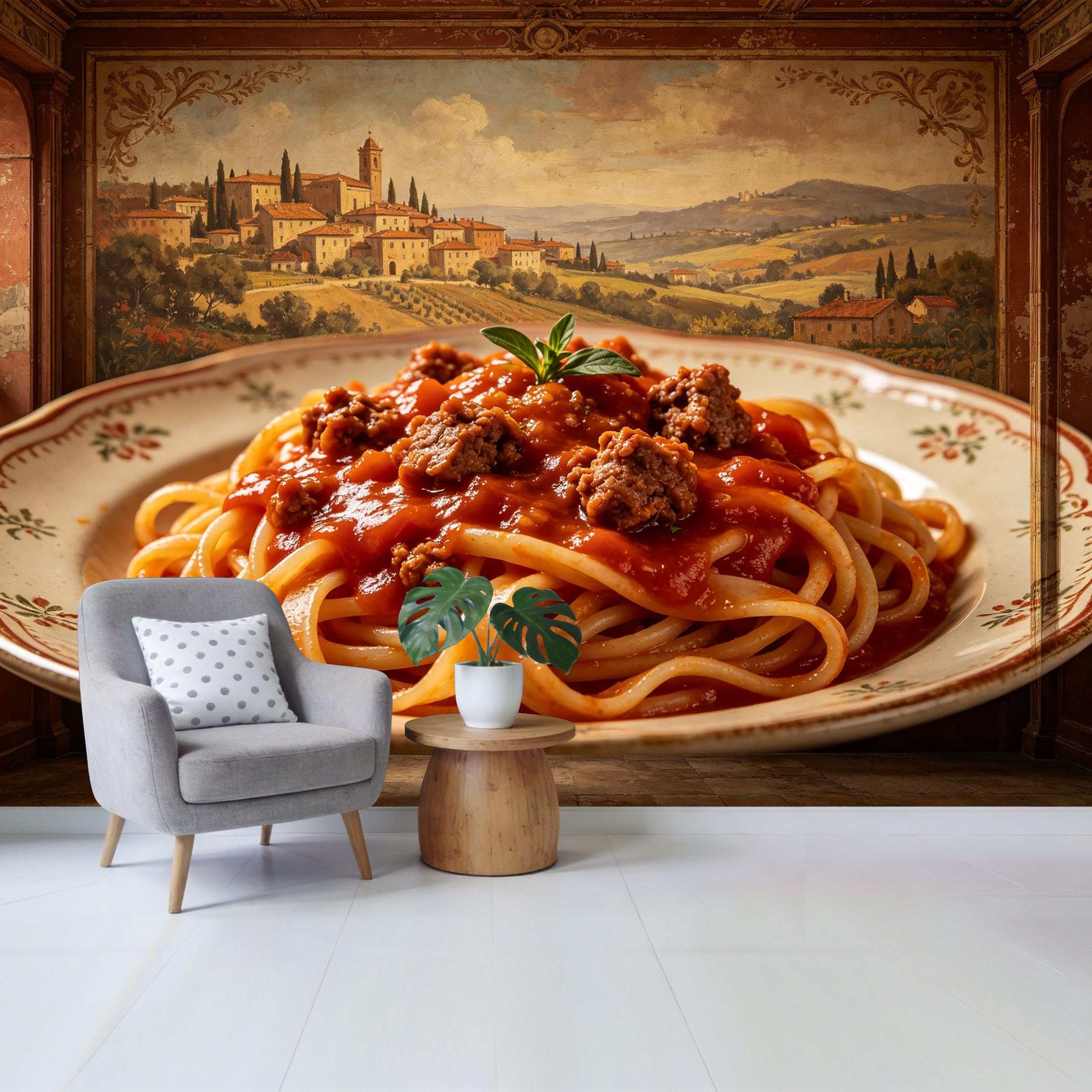 Qzlithotic Yq2605250804 Custom Size Wall Mural Rustic Tuscan Landscape Pasta Dish Oil Painting Style Selfadhesive Wall Fabric Removable Wallpaper For Home Office Decor