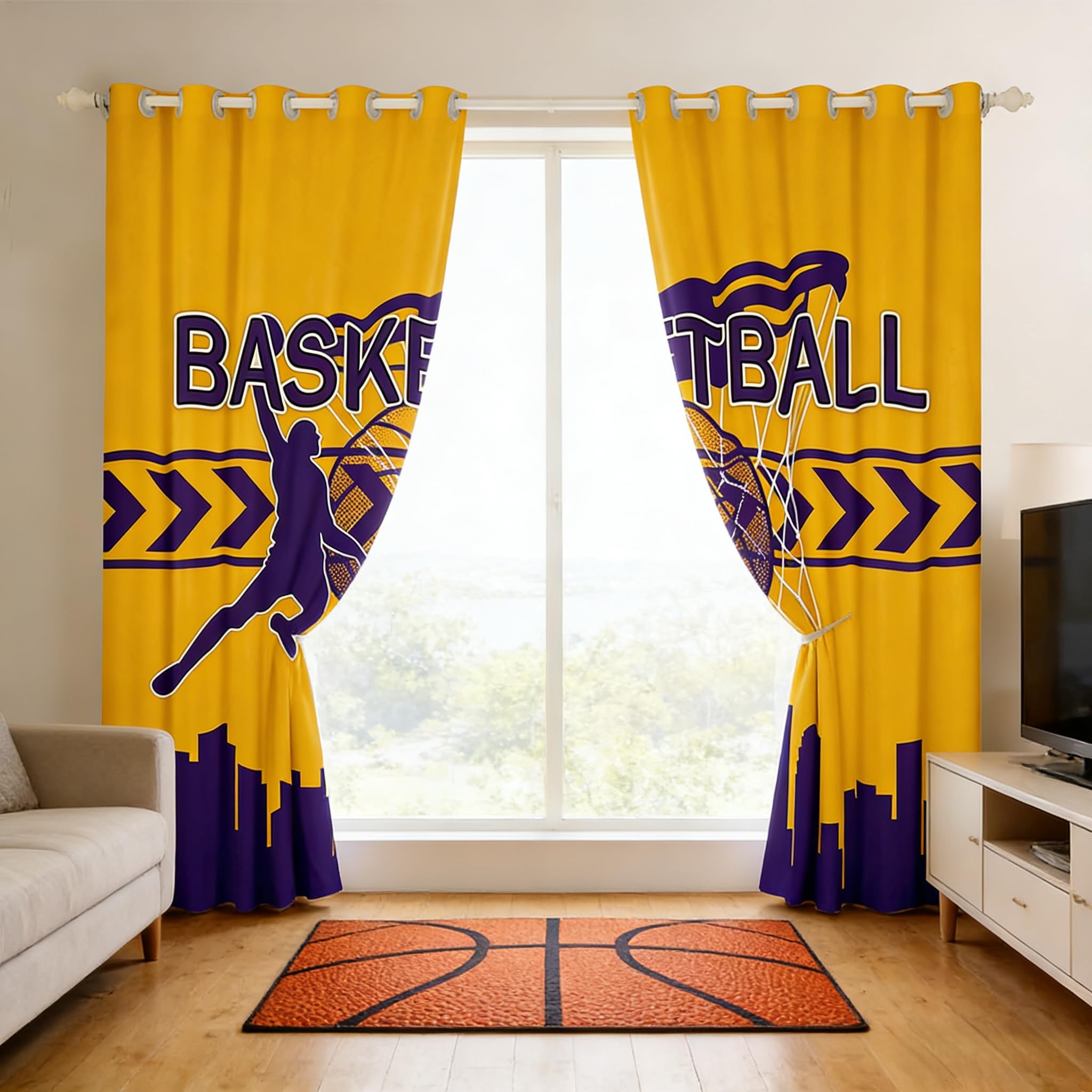 Basketball Window Curtain,Basketball Athlete Modern Sports Yellow Purple Curtains for Adults Teens,American City Silhouette Los Angeles Window Drapes