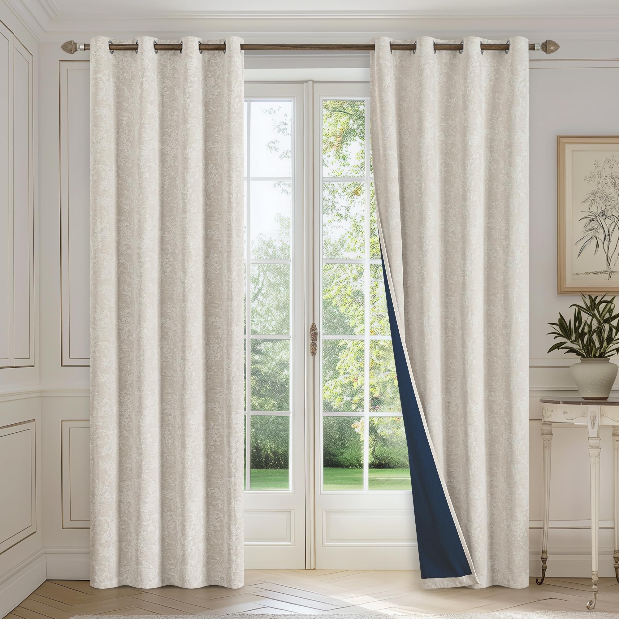 Fmfunctex Lot de 2 rideaux occultants en tissu chenille à œillets pour salon et chambre à coucher Motif floral beige 229 cm