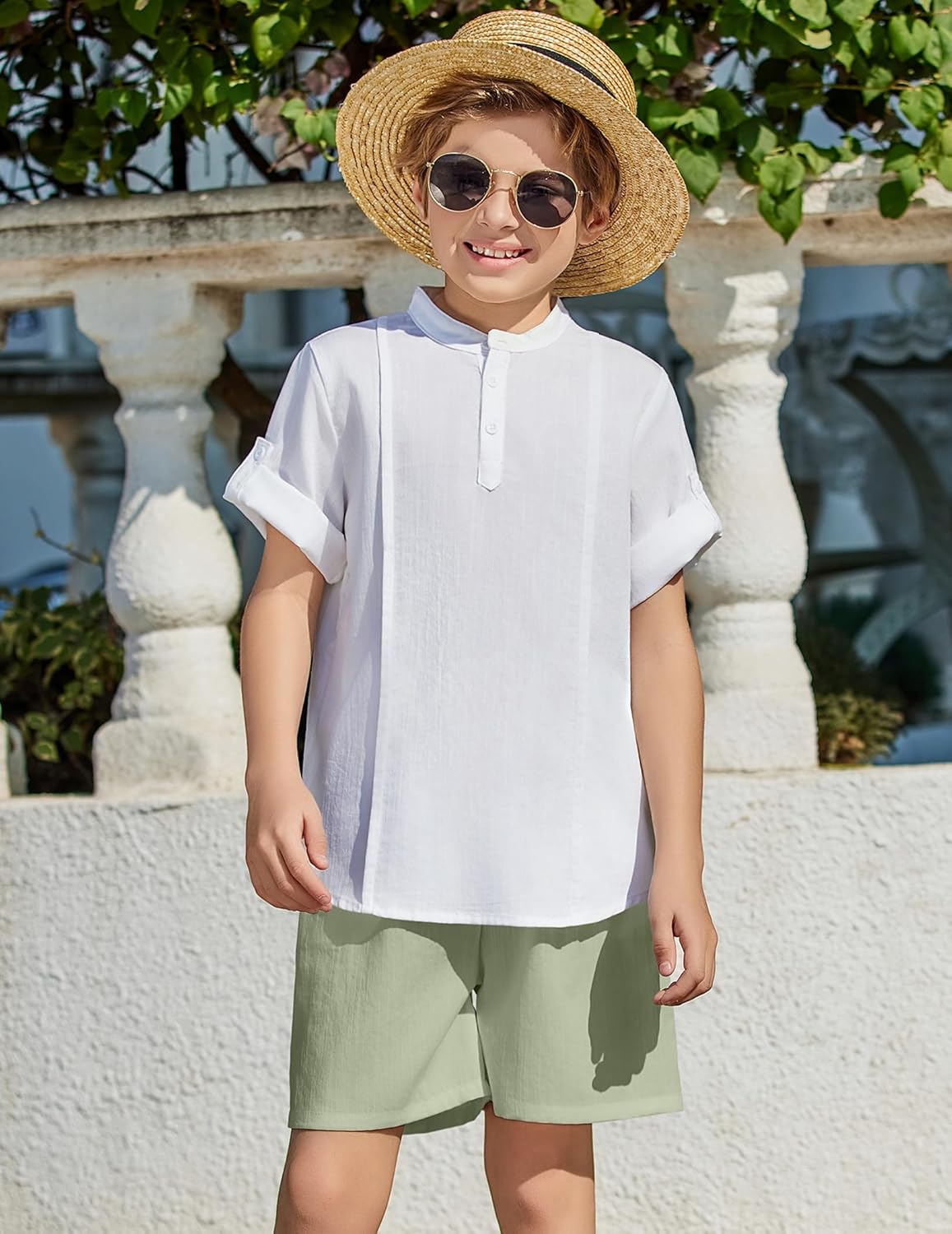 Arshiner Boy's 2 Pieces Linen Sets Short Sleeve Henley Shirt and Shorts Summer Beach Matching Outfits 4-12 Years - Image 2