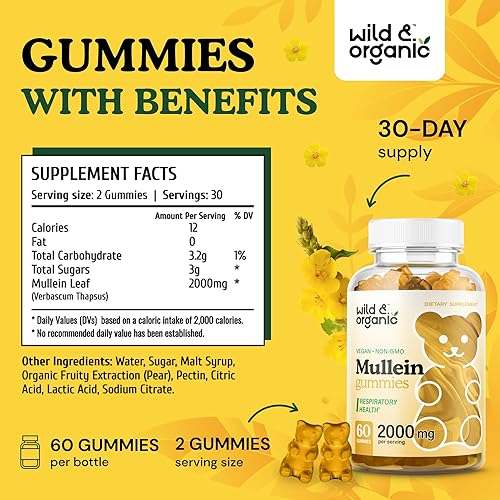 Miniatura 3 de Wild & Organic Gomitas de gordolobo para pulmones de 2000 mg - Desintoxicación y limpieza pulmonar - Gomitas veganas de hoja de gordolobo para apoyo