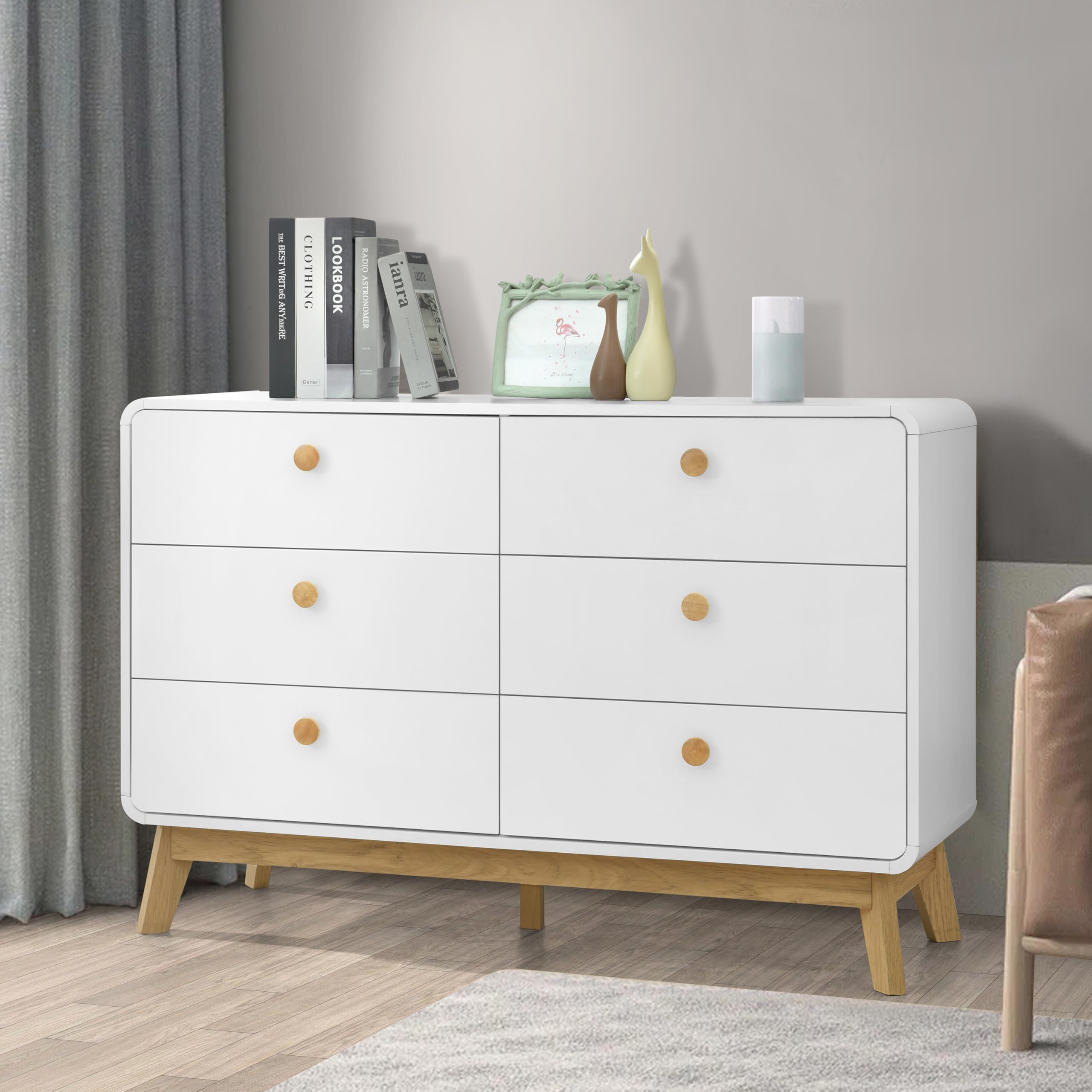 ELISA HOME Aries 6 Drawer Dresser for Bedroom, 47.3? W Modern Wide Chest of Drawers, Wood Storage Organizer for Clothes, Entryway, Hallway, Nursery or Living Room, White
