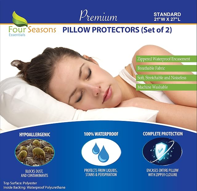 Four Seasons Essentials Standard Pillow Protectors (Set of 2) - Allergy Pillow Cover Bedbug Waterproof Hypoallergenic Dust Mite Proof Zippered Encasement