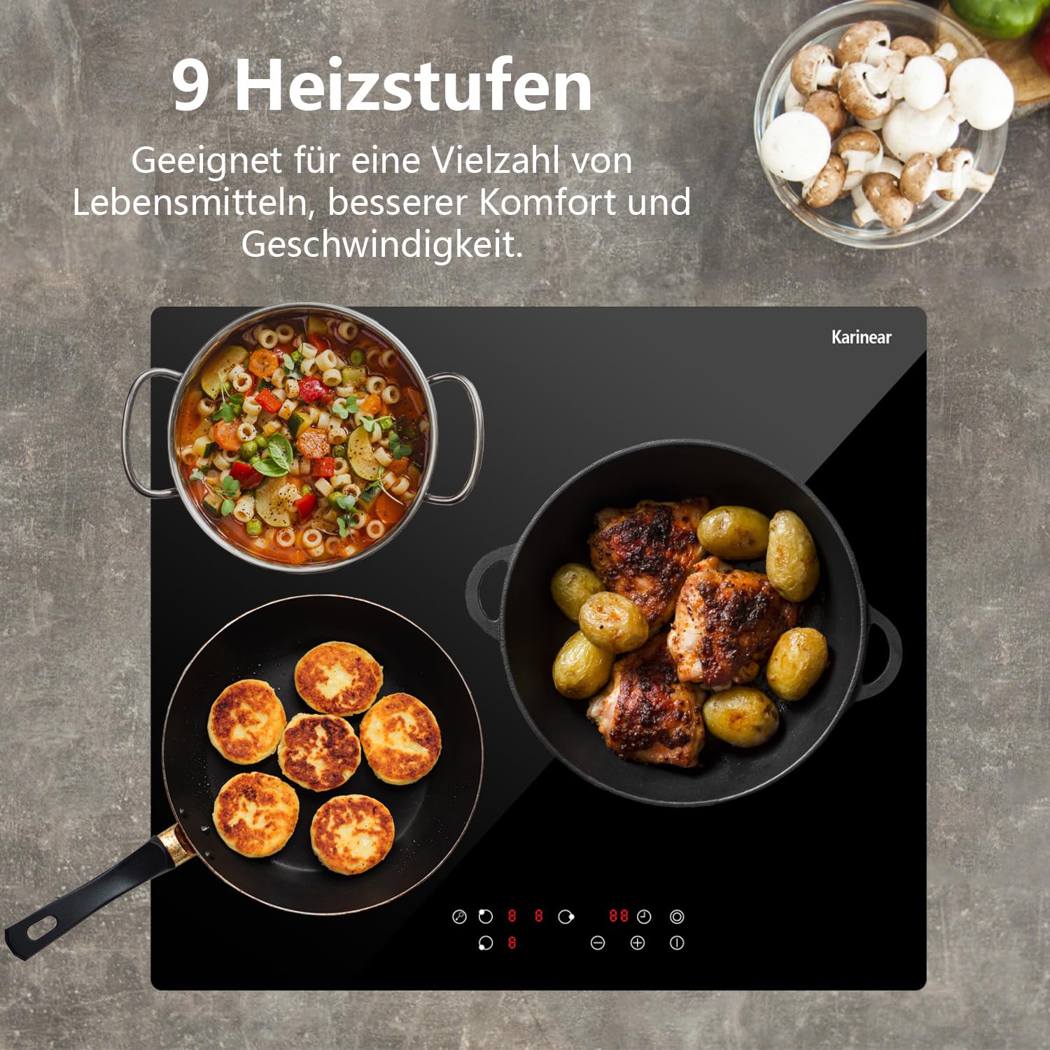 Karinear Glaskeramikkochfeld 3 Platten, 5200W, Autarkes Kochfeld 60 cm, Herdplatte 3 Kochfelder, Sicherheitsschloss, Timer, Touch-Bedienung, 9 Heizstufen, Flexibler Außenbereich, 240V