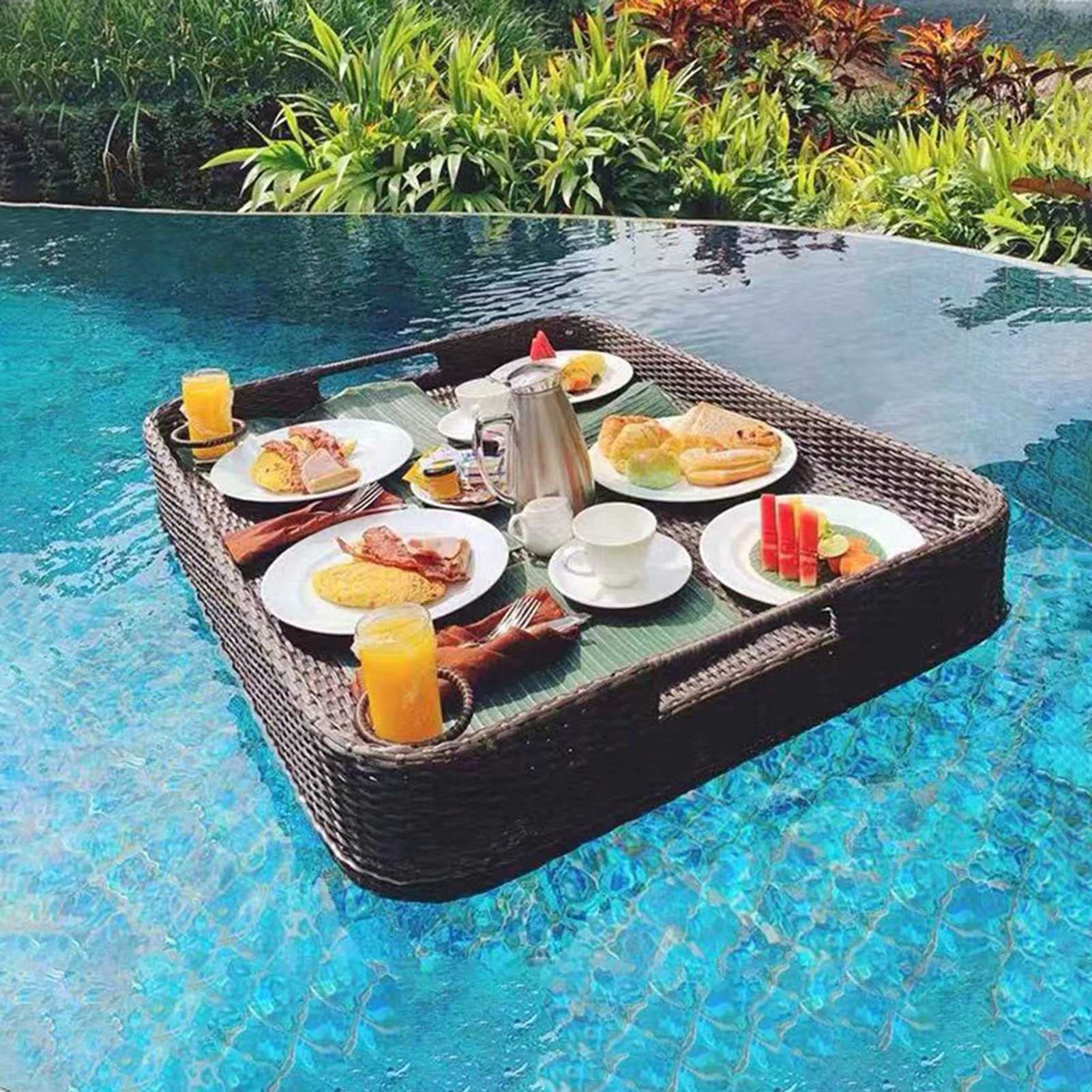 Swimming pool floating bar, Rattan Floating Breakfast Tray Luxury Floating Serving Tray Table and Swimming Pool Floats(Coffee,80CM)