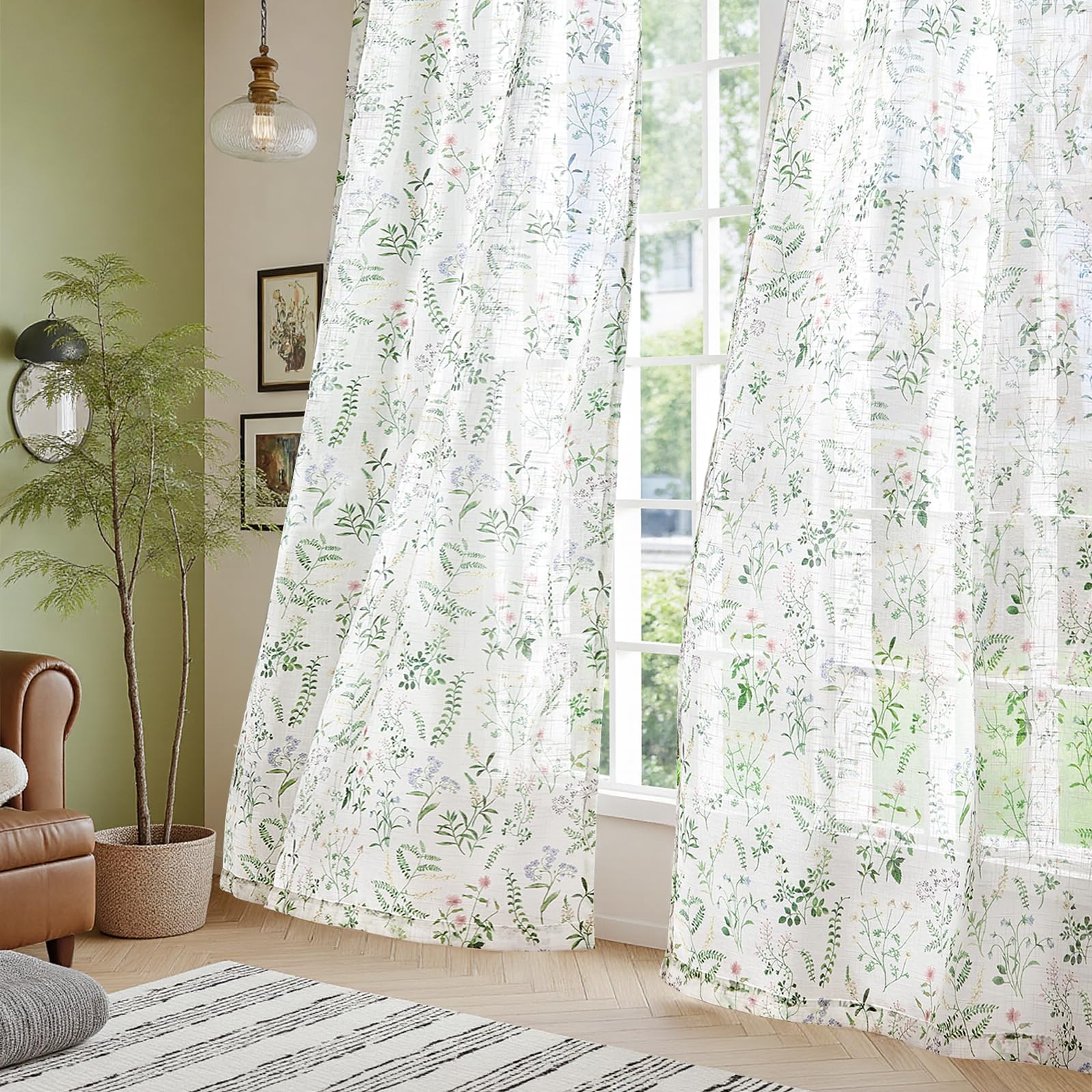 TOPICK Floral Pattern Linen Look Net Curtains for Windows 54 Inch Drop, Light Filtering Voile Bedroom Drapes, Pencil Pleat Woven Short Sheer Curtain 2 Panels for Living Room, Nursery W50 x L54 Inch