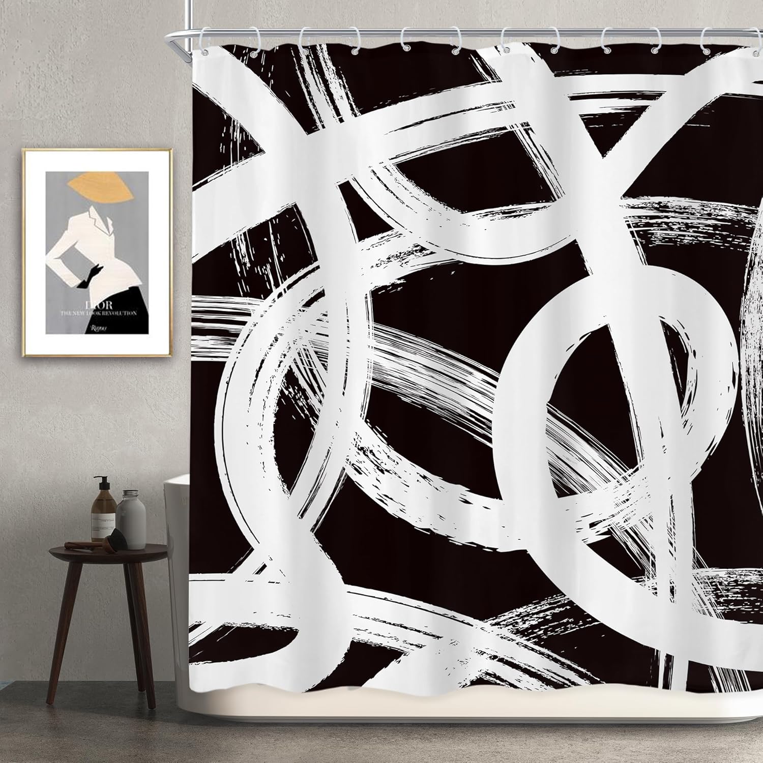 Newsely 4Pcs Black White Abstract Shower Curtain Set with Non-Slip Rugs, Toilet Lid Cover and Bath Mat, Modern Graffiti Line Shower Curtain with 12 Hooks,Minimalist Bath Curtain for Bathroom Decor