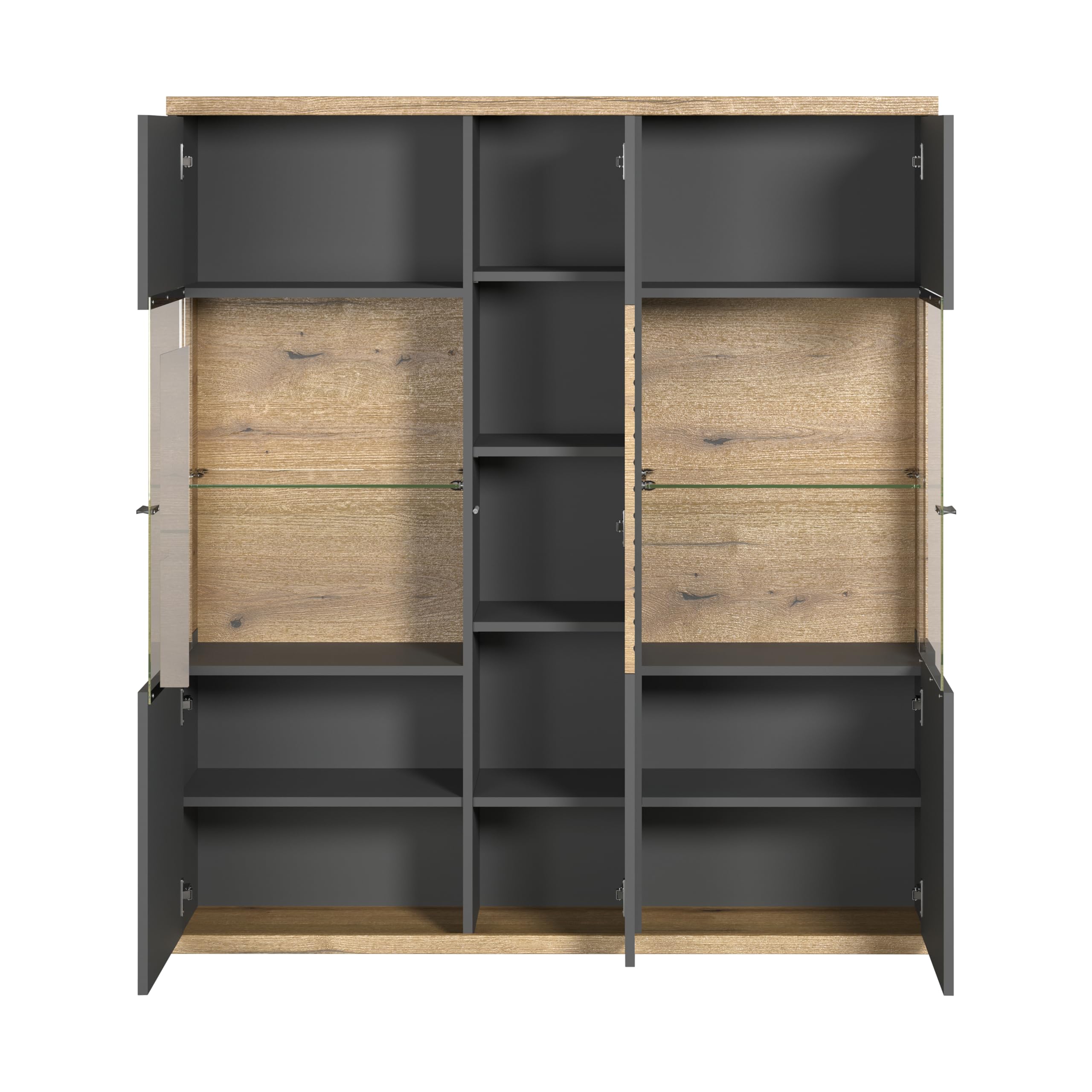 trendteam smart living - Norris - Vitrine - Anthrazit/Evoke Eiche - Highboard mit 15 Fächern - (BxHxT) 131 x 147 x 38 cm - Soft-Close-Türen und Vollauszug-Schubladen - kratzfest