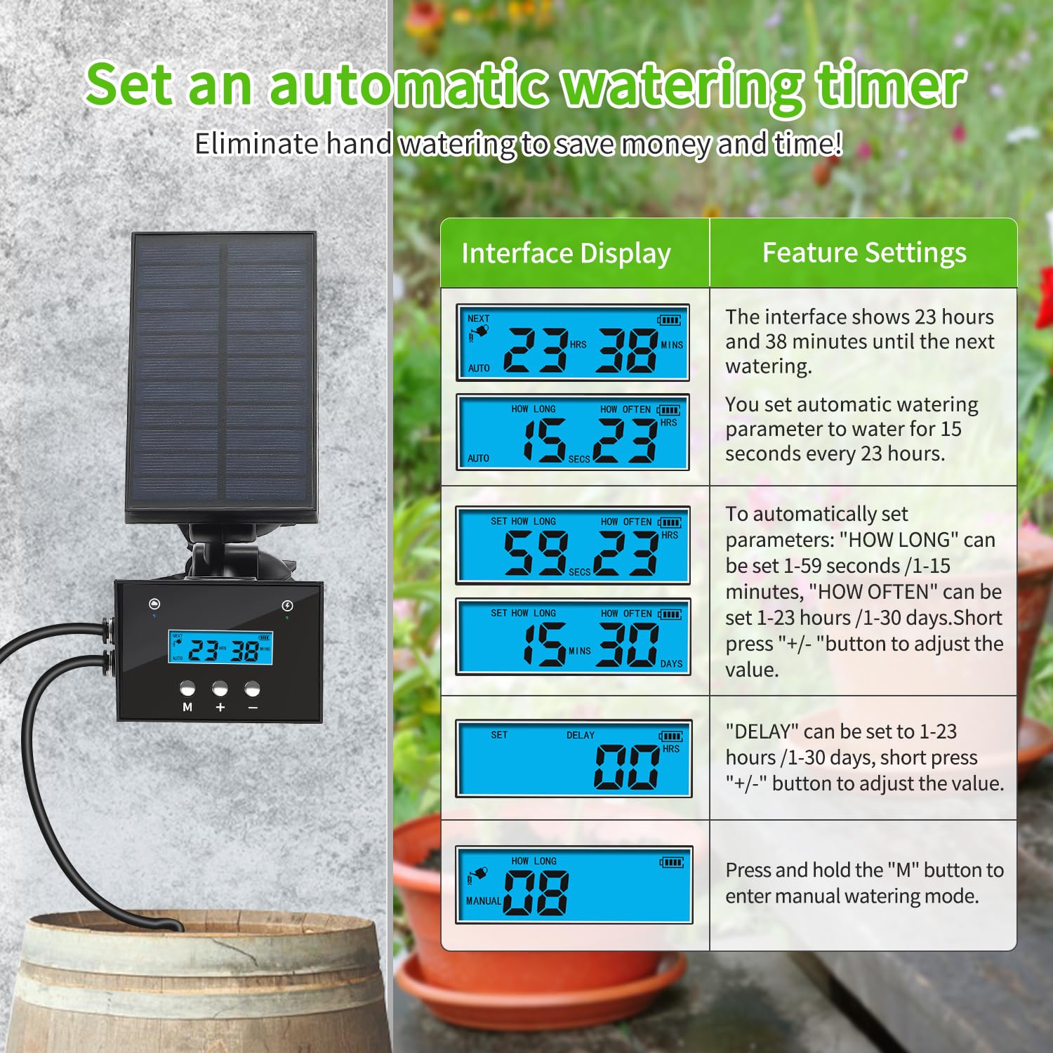 Sistema di irrigazione automatico a energia solare, kit di irrigazione a goccia con batteria da 2200 mAh e sensore pioggia e schermo LCD, sistema di irrigazione per interni ed esterni, balcone,