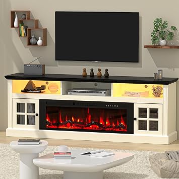 Spurgehom 70" Fireplace TV Stand for TVs Up to 80" with 36" Electric Fireplace,White Entertainment Center with Storage Cabinets and Glass Door, Led Light TV Consoles, Farmhouse Media Console Table