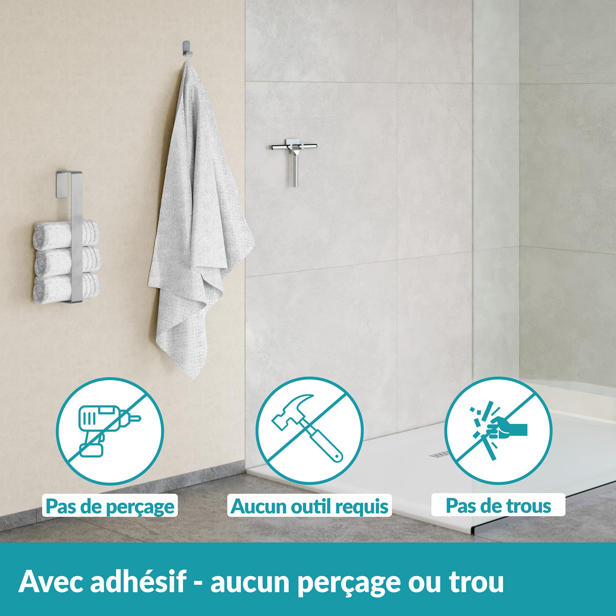 Set De 2 Crochets Adhésifs WEISSENSTEIN Inox - Support Mural Sans Perçage - Pour Serviette, Salle De Bain - 3x3.3x4.9cm