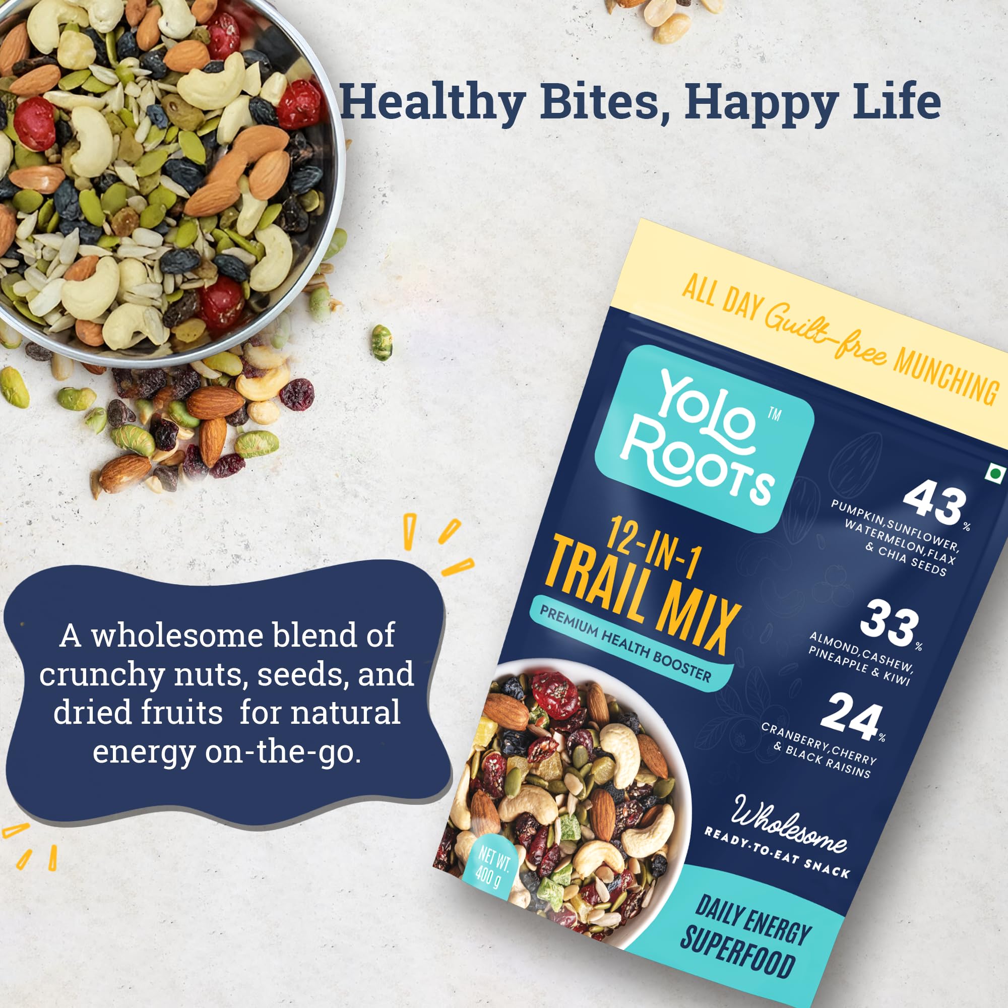 Yolo Roots Trail Mix | Roasted 12-in-1 Dry Fruit & Nut Mix with Almonds, Cashews, Cranberries Pumpkin,Chia & Sunflower Seeds | High Protein & Fibre | No Added Sugar | Healthy Anytime Snack 2
