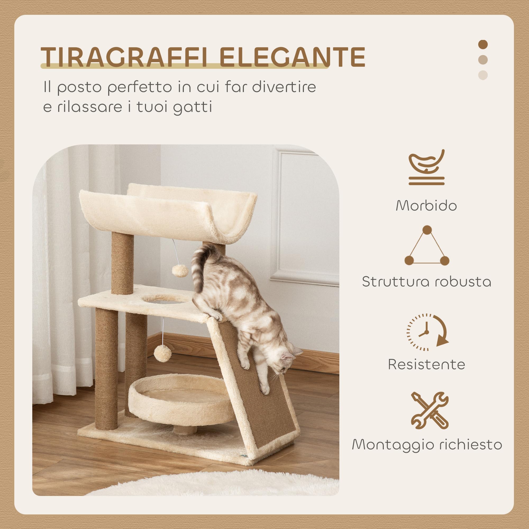 PawHut Albero Tiragraffi per Gatti con Cuccia a U, Lettino e Tappetino, Tiragraffi per Gattini in Truciolato, Peluche e Sisal, 60x30x76 cm, Marrone Chiaro
