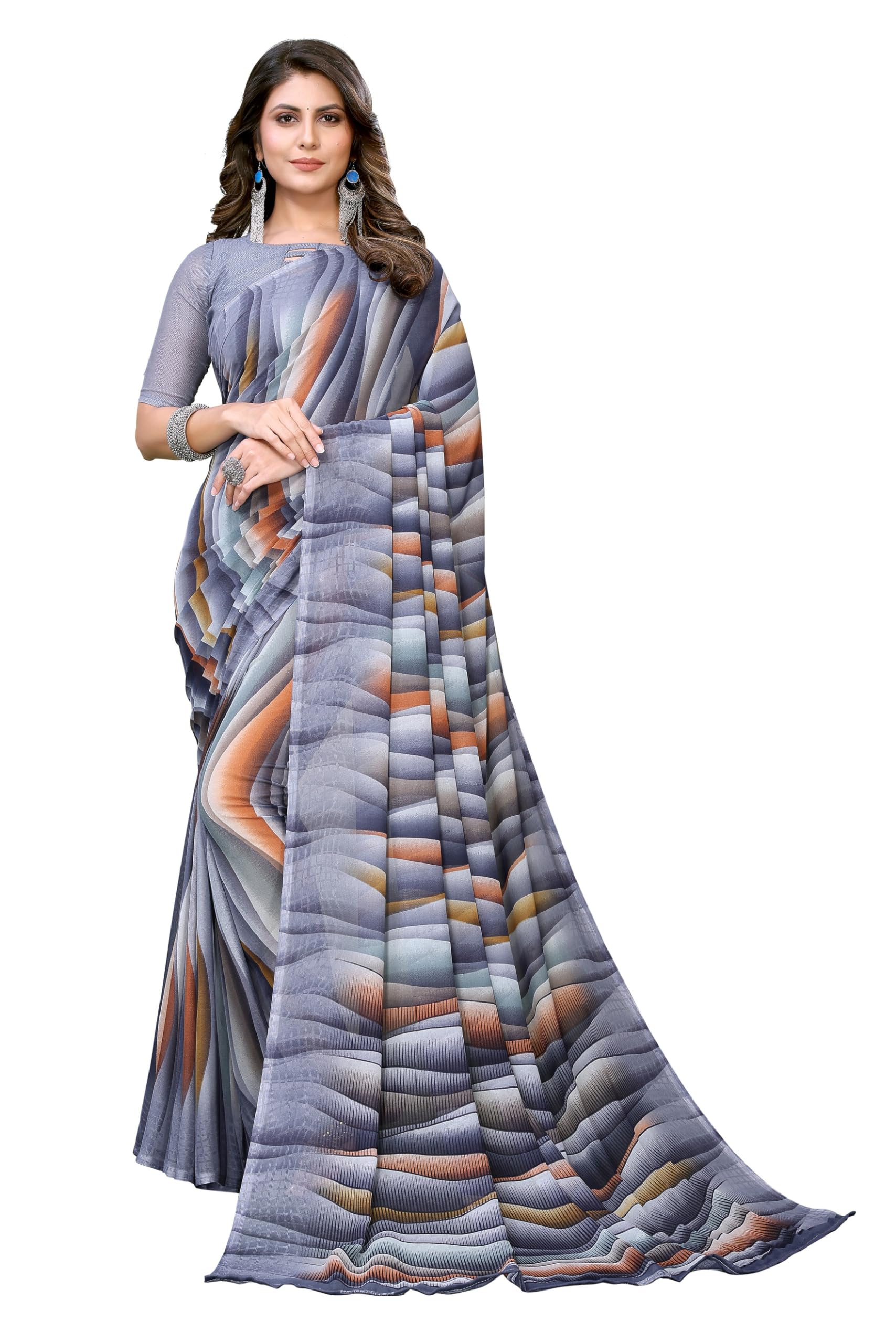 YashikaWomen's Trendy Printed Georgette Purple Color Saree with Blouse Material