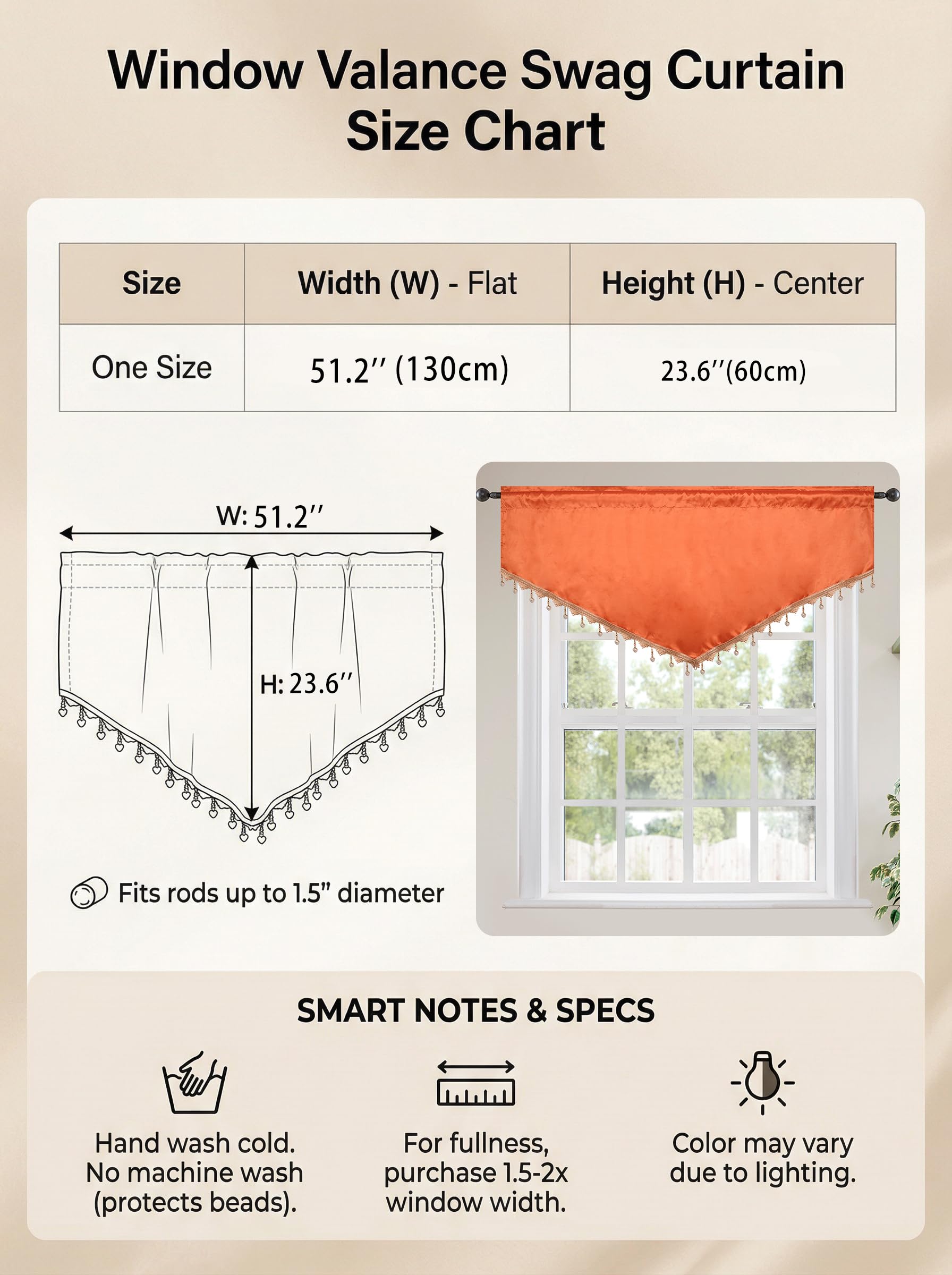 Molaxhome Swag Curtain Scalloped Curtain Valance Drape Sheer Lace Panel 1pc, Cloth Orange, W 51.2" x L 23.6" (1 Panels) - Image 2