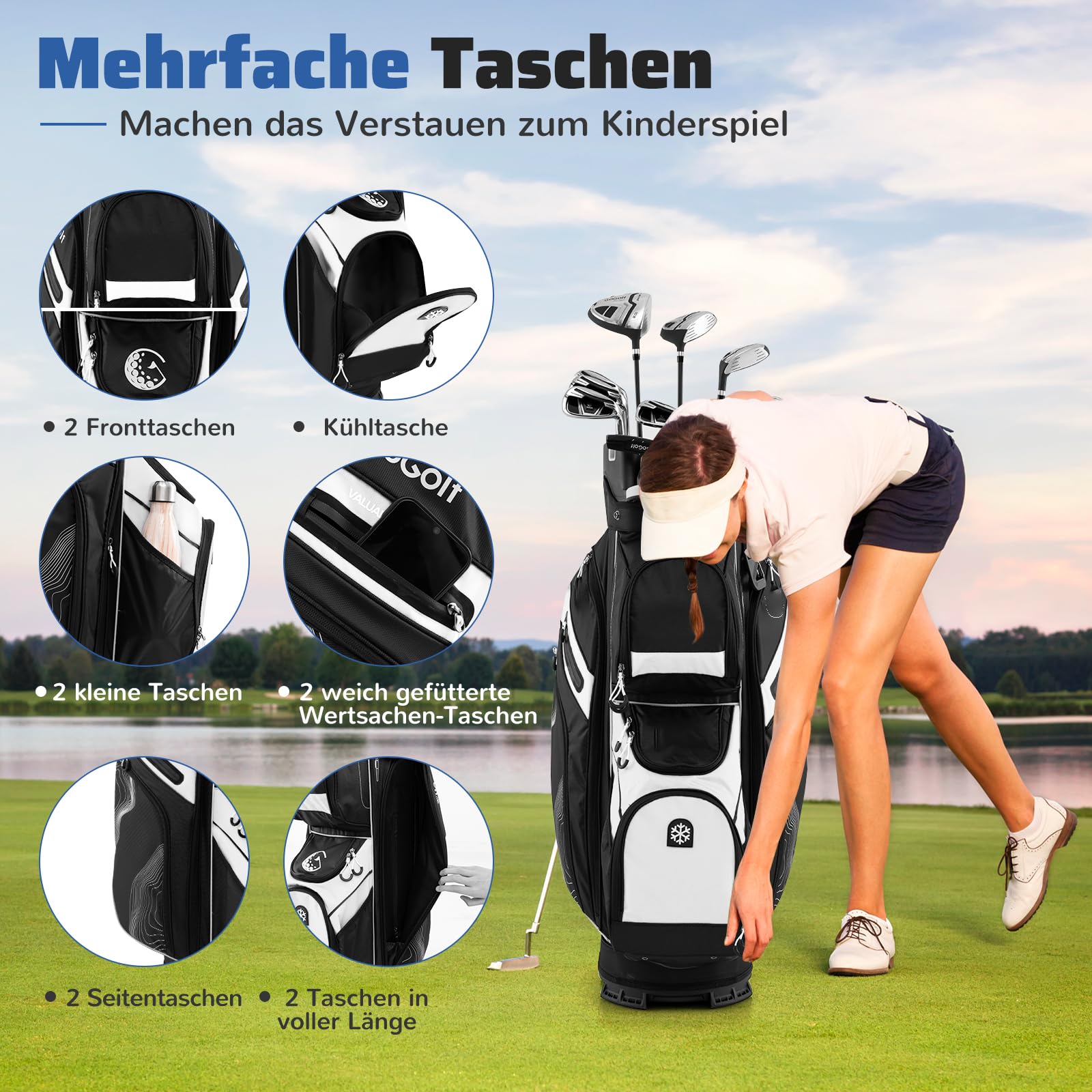 COSTWAY Torba golfowa, lekka torba na wózek golfowy z 14 przegródkami i paskiem do noszenia, przenośna torba golfowa z pokrowcem przeciwdeszczowym i 11 kieszeniami, odporna na działanie wody, dla