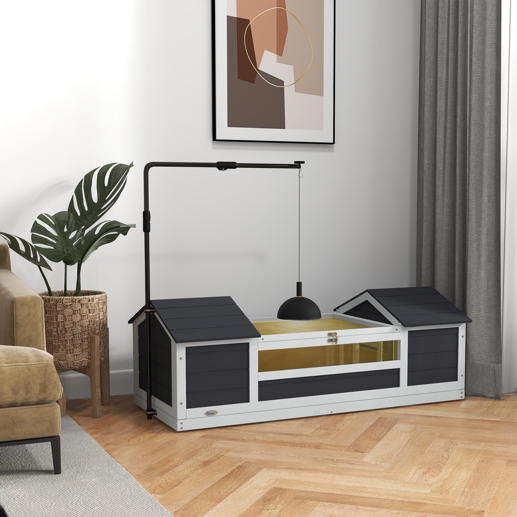 PawHut Maison Tortue terrestre extérieure, enclos Tortue en Bois, 2 niches, Support de Lampe réglable, Toit ouvrable, fenêtre en Acrylique Transparent, Gris