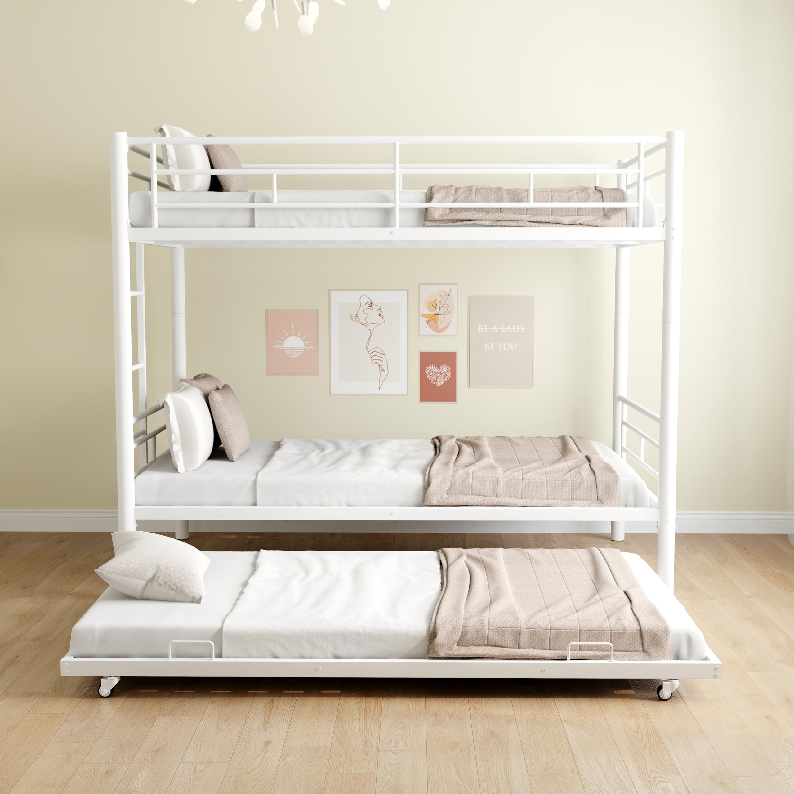 Image showing the product dimensions of the bunk bed and trundle, including length, width, and height measurements.