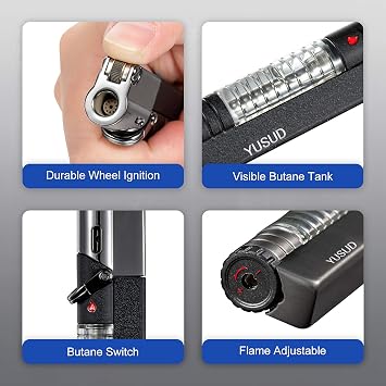 YUSUD Butane Fuel Lighter, 2 Pack Torch Jet Lighter with Visible Gas, Lockable Flame, Windproof Lighters, Unique Gifts for Men, Women