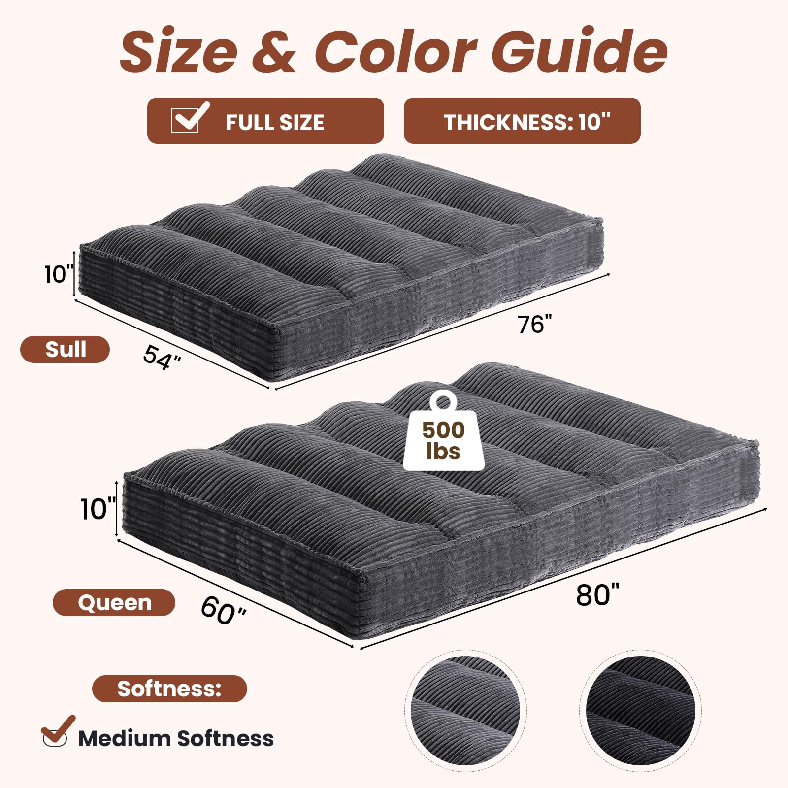 10" Futon Mattress Queen Size,Futons Sofa Couch Bed with Straps, Thick Corduroy Floor Mattress for Adults, Roll Up Folding Mattress Shredded Foam Filling, Medium Firm (Gray, Full)