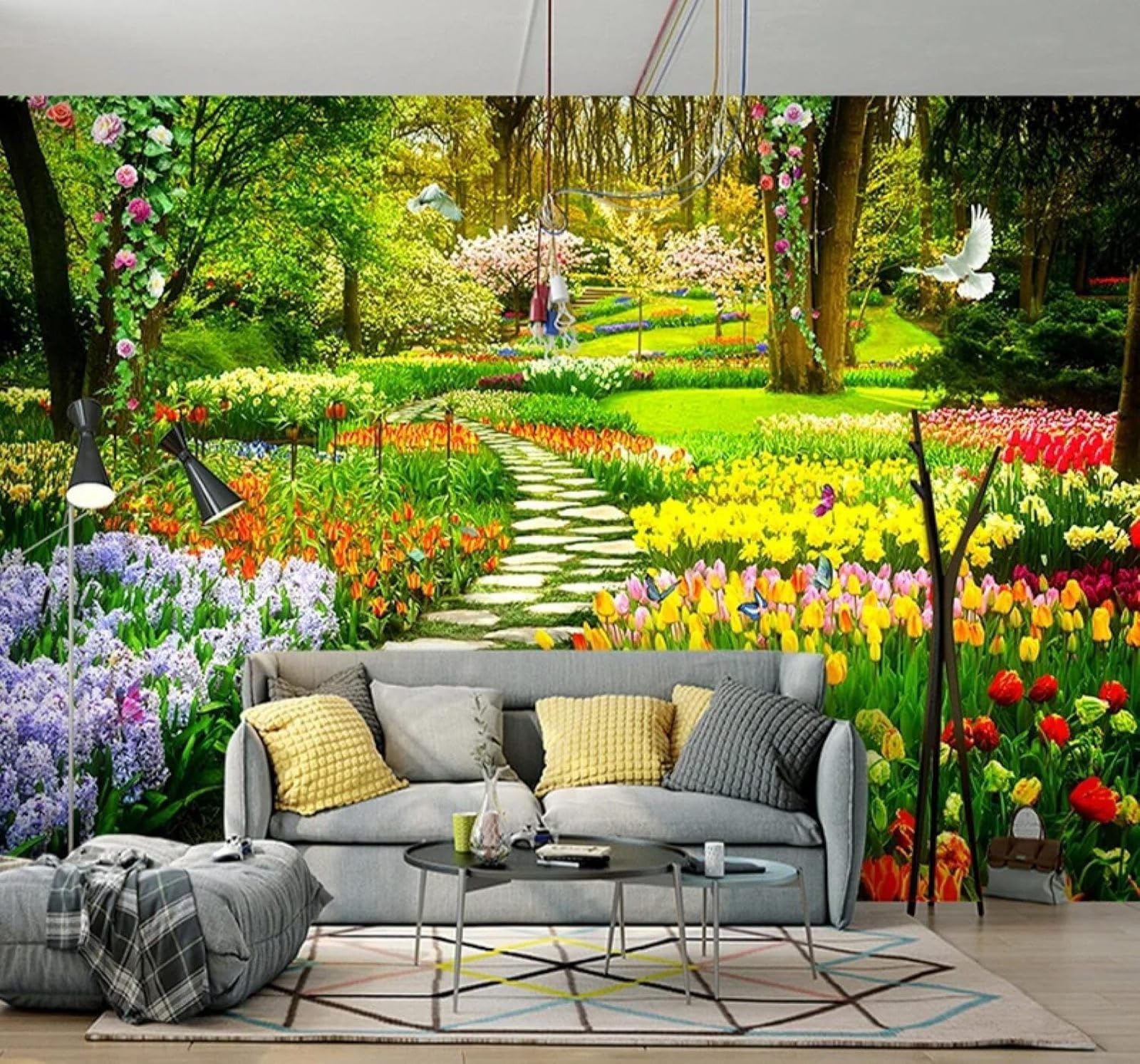 XLMING Papier Peint 3D Esthétique Jardin Allée Papillons Paysage