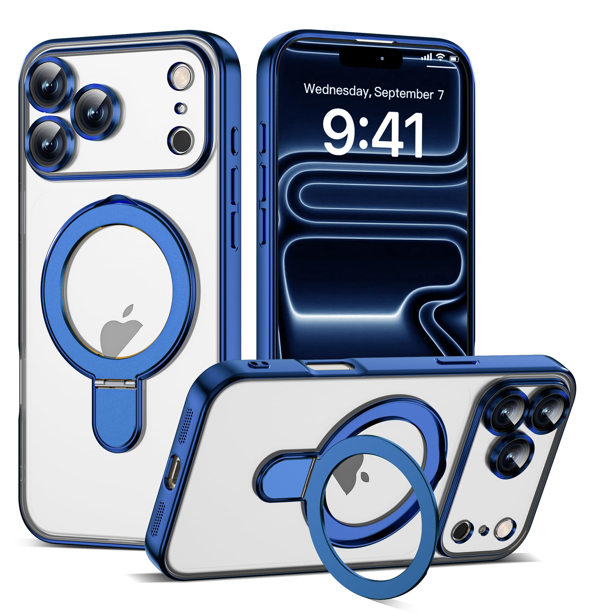Photo 1 of ETPESOK Compatible with iPhone 17 Pro Case with Invisible Magnetic Ring Stand [Compatible with Mag-Safe] [Full Camera Lens Protector] Plating Clear Phone Case for iPhone 17 Pro 6.3", Blue