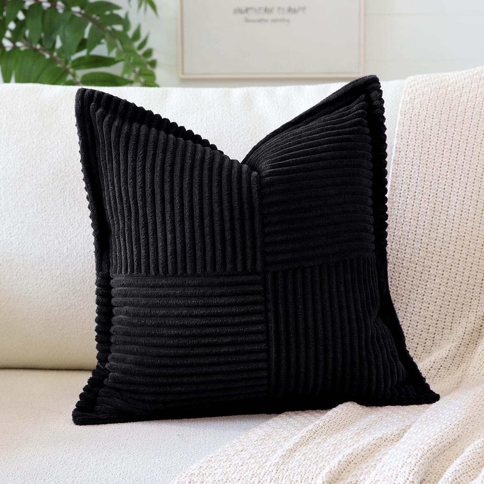 Artscope Striped Corduroy Cushion Covers with Splicing Super Soft Boho Pillow Covers Broadside Decorative Textured Throw Pillows for Couch Sofa Bed Living Room 45x45cm, Black