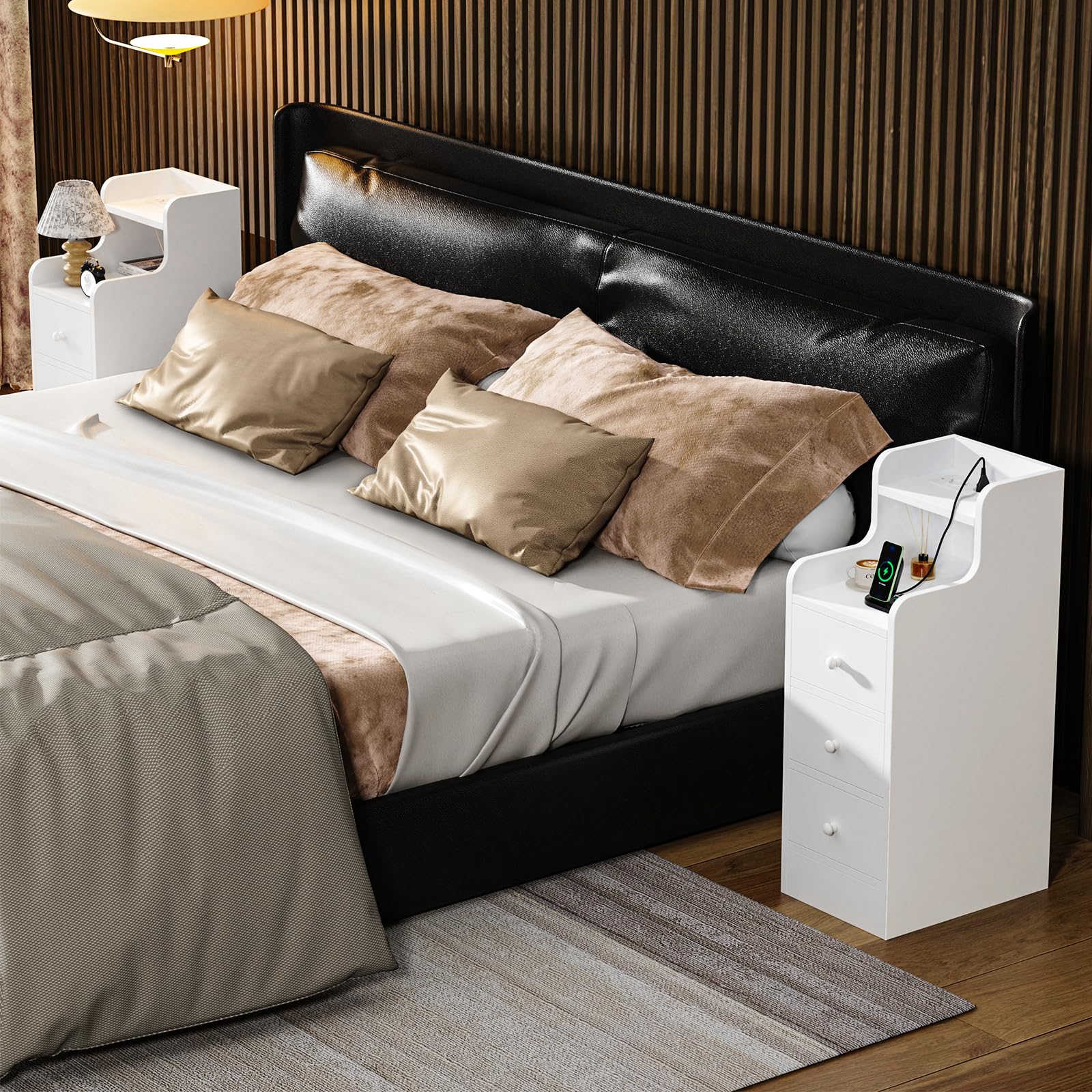 Comodino Stretto, Comodino Bianco, con 2 Prese AC, 2 Porta USB-C, Comodini con Presa Alto Tavolino con 3 Cassetto, 25x35x70cm Bianco
