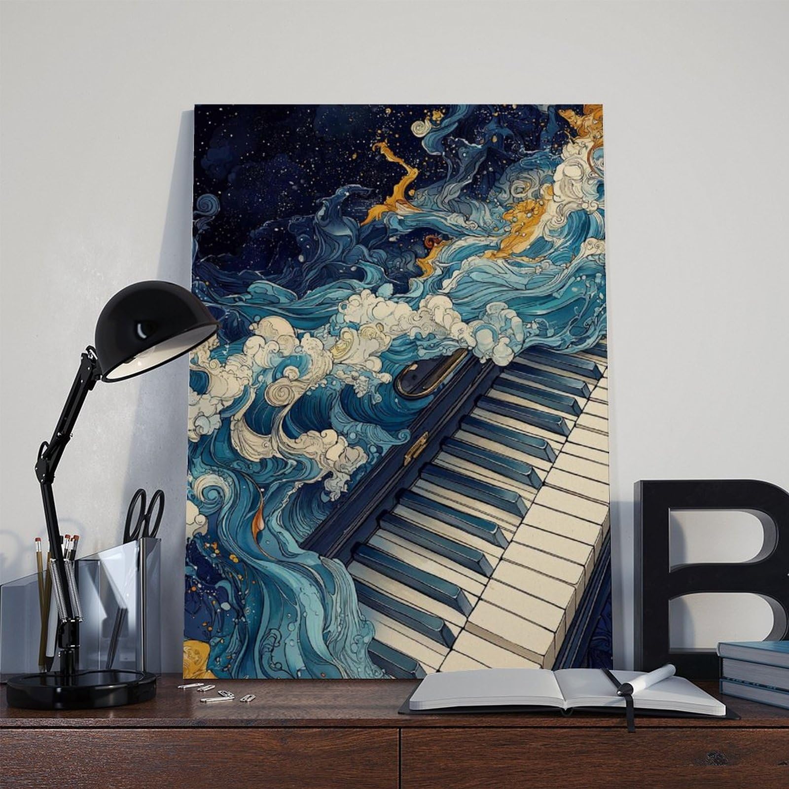 Poster con pianoforte con onde oceaniche, arte da parete musicale, poster per camera da letto, decorazione per ufficio, camera da letto, regalo, 61 cm L x 91,4 cm W