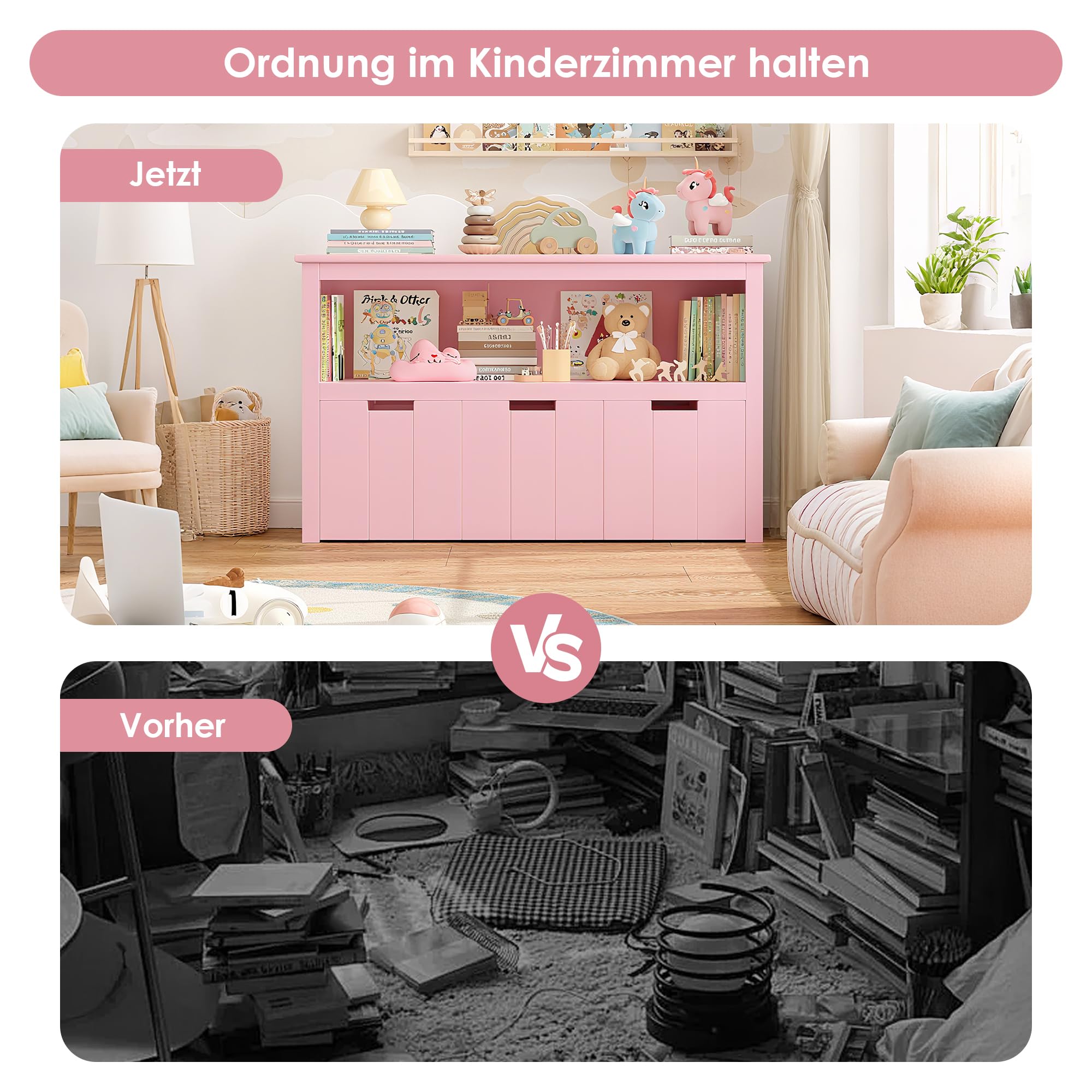 FOREHILL Kinderregal mit Boxen auf Rollen, Spielzeug Aufbewahrung Kinderzimmer Möbel, Spielzeugregal, Kinderschrank, Regal mit 3 Boxen, Truhen & Kisten für Kinder 102 x 33 x 61,5cm Rosa