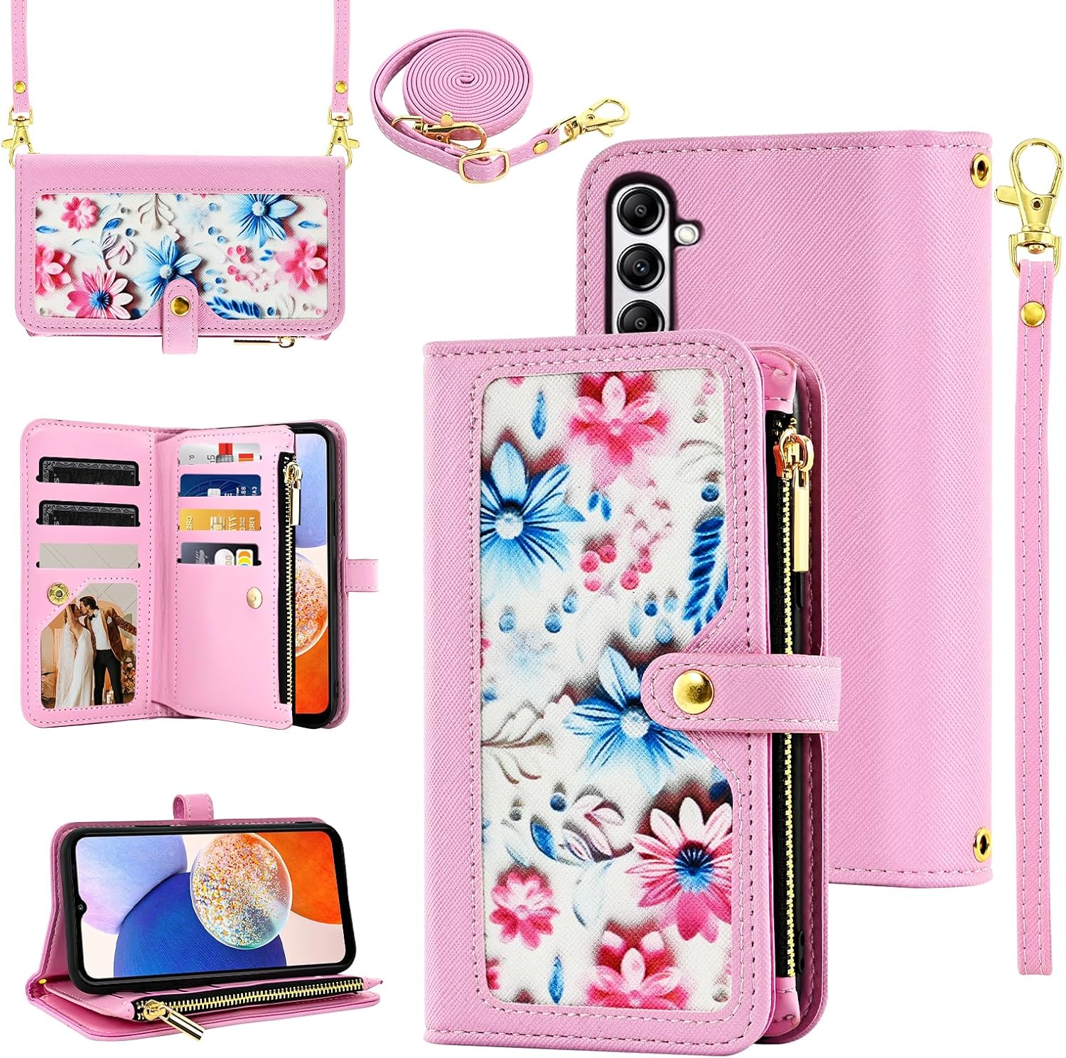 Floral Wallet Case for Samsung Galaxy A17 5G with Wrist/Shoulder Strap Flip Zipper Purse, Luxury PU Leather Credit ID Card Holder Stand Accessories Cell Phone Cover for A 17 17A 4G Women Pink
