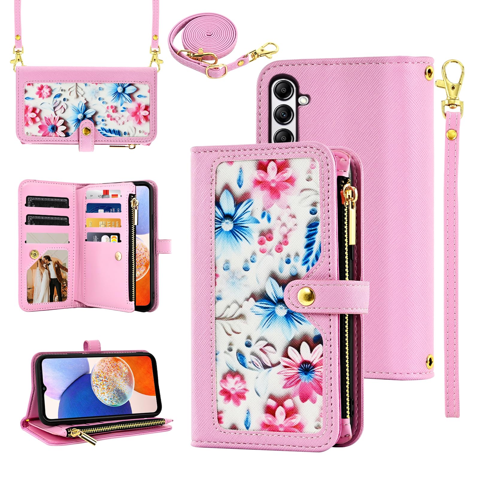 Furiet Floral Wallet Case for Samsung Galaxy S24/S25 5G with Wrist Strap Shoulder Strap Flip Zipper Purse, Luxury PU Leather Credit ID Card Holder