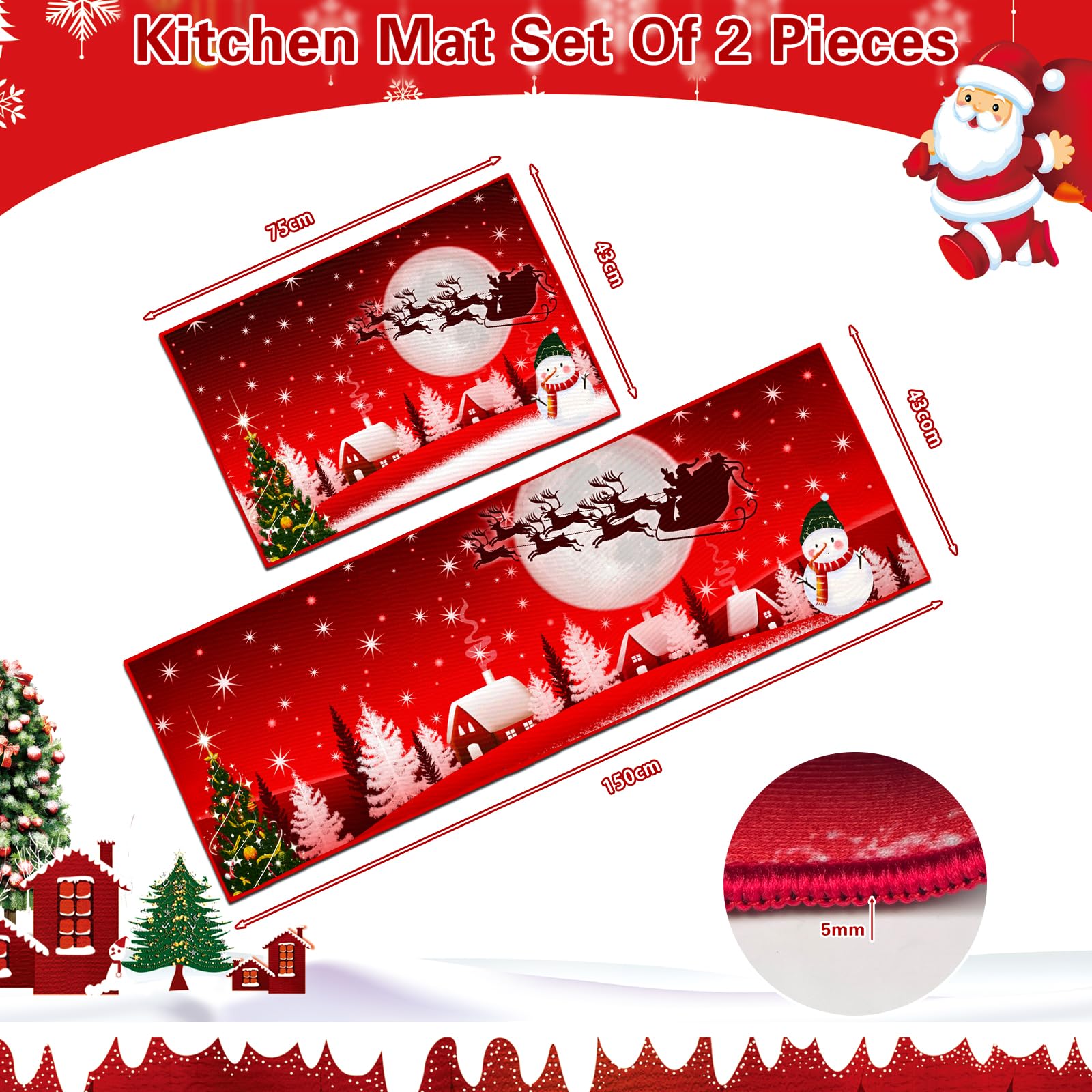 Tappeto natalizio antiscivolo e lavabile, con stampa Babbo Natale, per cucina, corridoio, soggiorno, ufficio, camera dei bambini, decorazione per la casa (43 x 75 + 43 x 150 cm, Natale A)
