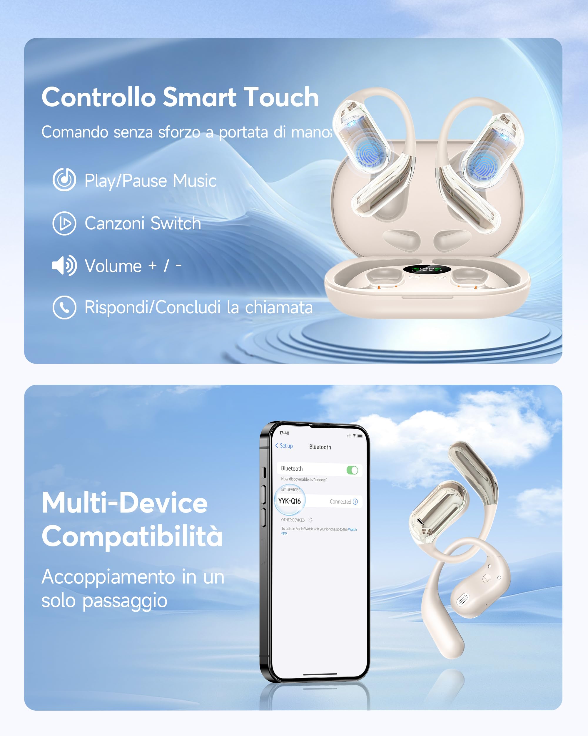 Cuffie Bluetooth Auricolari Bluetooth 5.4, Sport Cuffiette Wireless, Cuffie Open Ear 48 Ore di Riproduzione, Cuffie Senza Filo HiFi Stereo IP7 Impermeabili, Auricolare per iOS & Android, Beige Sabbia