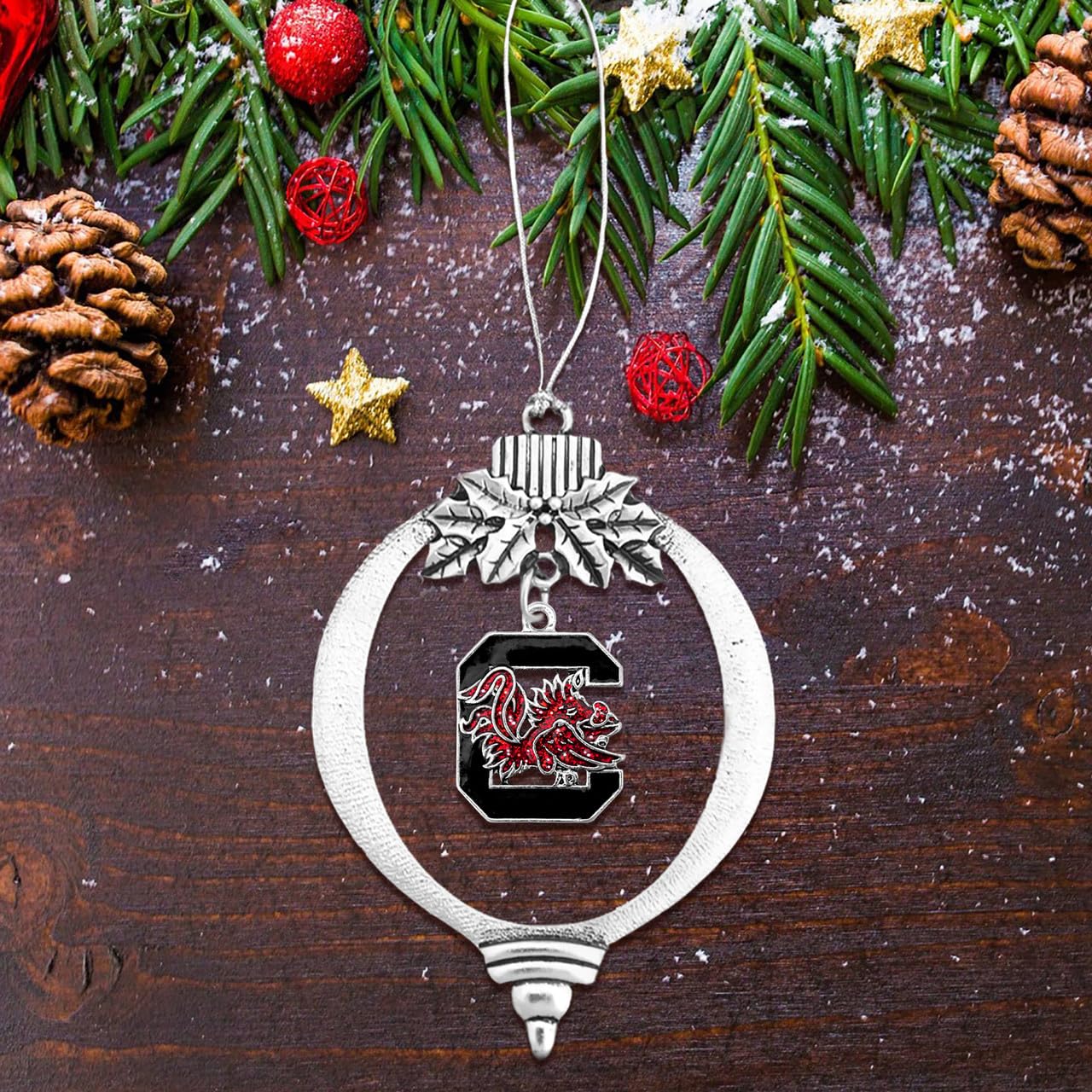 South Carolina Gamecocks Glitter Charm Bulb Shape Silver Metal Christmas Ornament Gift Tree Decoration