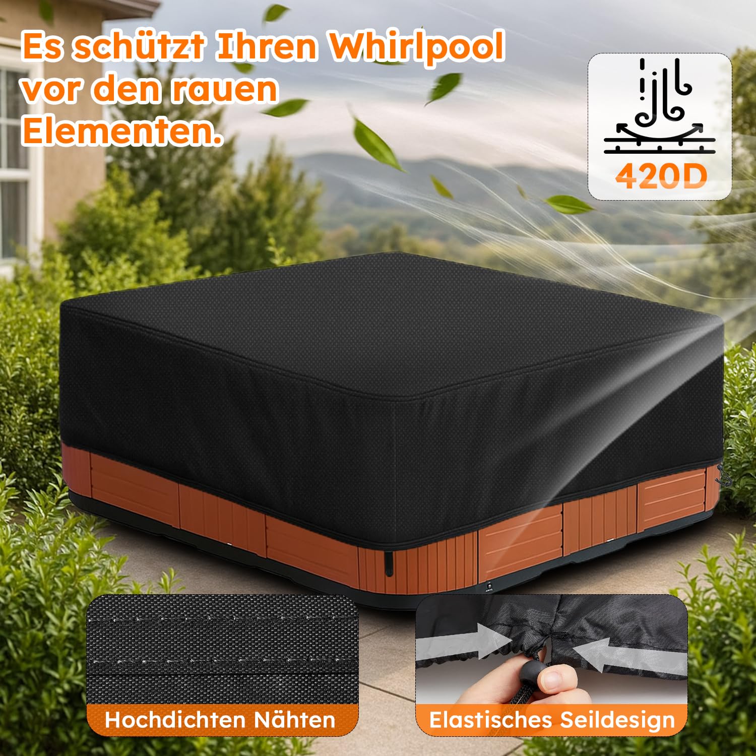 Housse De Protection Spa Couverture,Bache Spa ImperméAble,Tissu Oxford 420D,Bain à Remous Étanche à la poussière et aux UV Coupe Vent - Noir (220 * 220 * 85 cm)