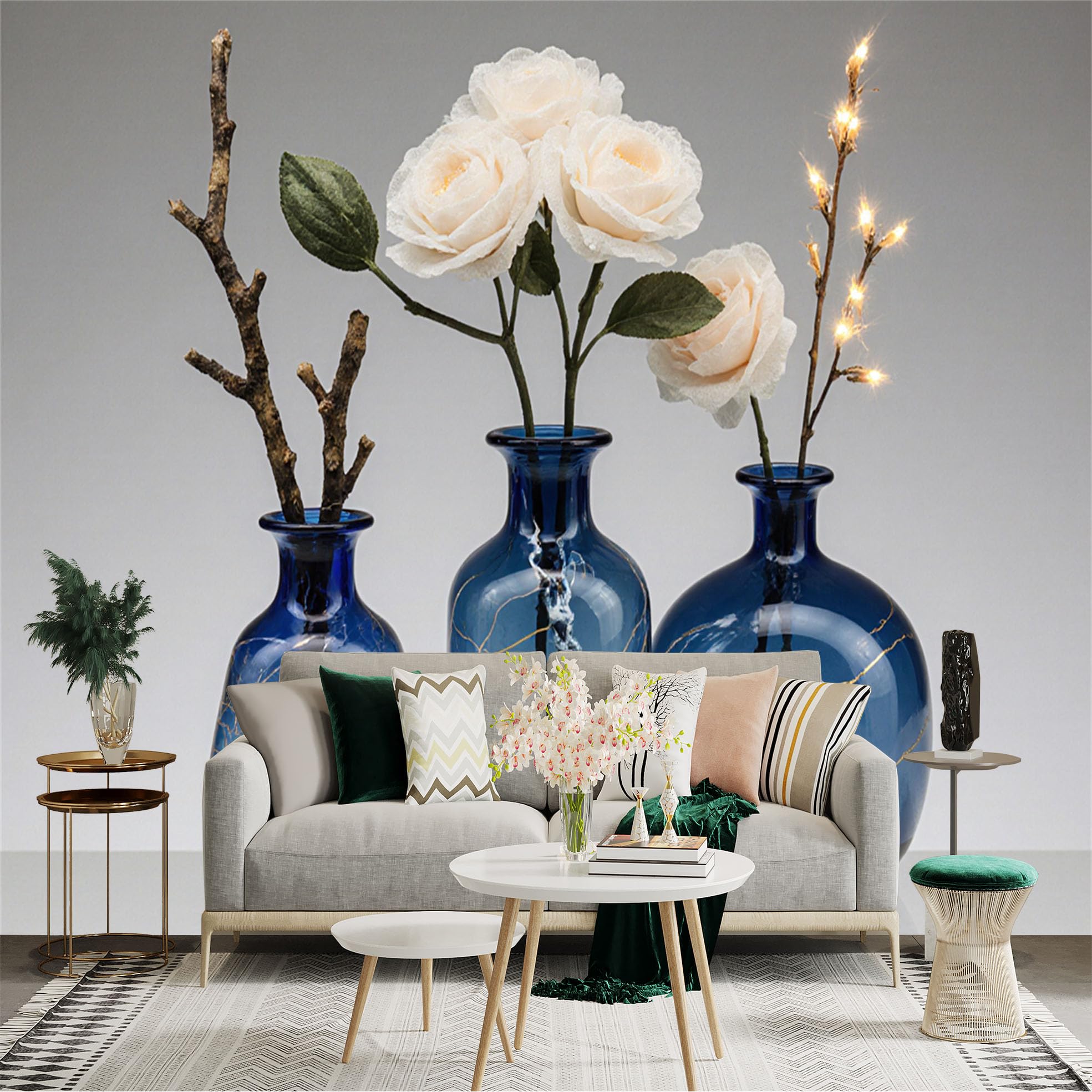 Custom Size Wall Sticker Mural， Elegant White Roses in Blue Glass Vases， Twigs and Fairy Lights， Home Interior Decor， for wall Decoration， peelandstick wall Decals.