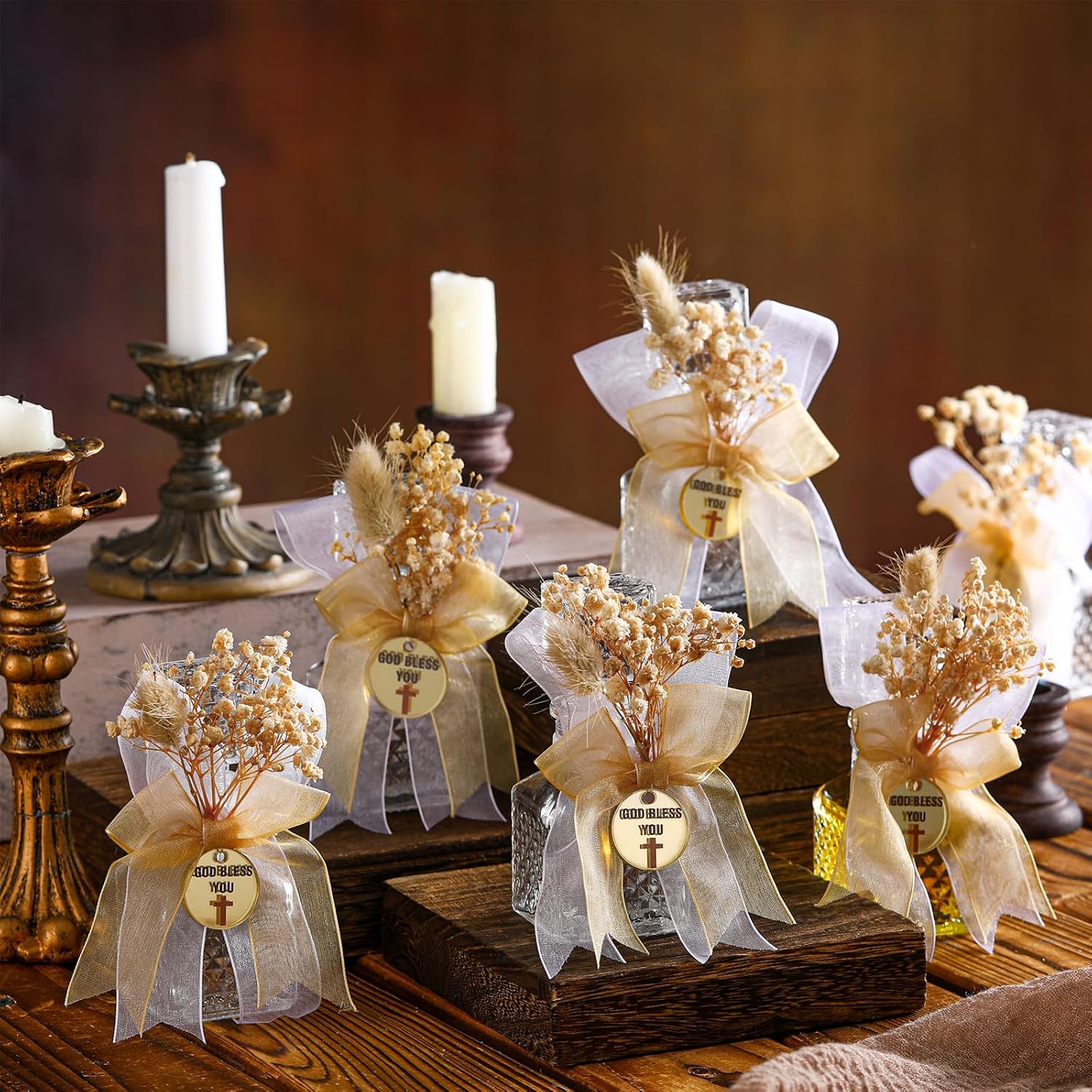 30 Set Holy Clear Water Bottle with Fake Floral Acrylic Sheet and Bow 50ml Glass Water Bottle for Empty Holy Communion Container Favor for Church Party Favors Gift (Deadgress)