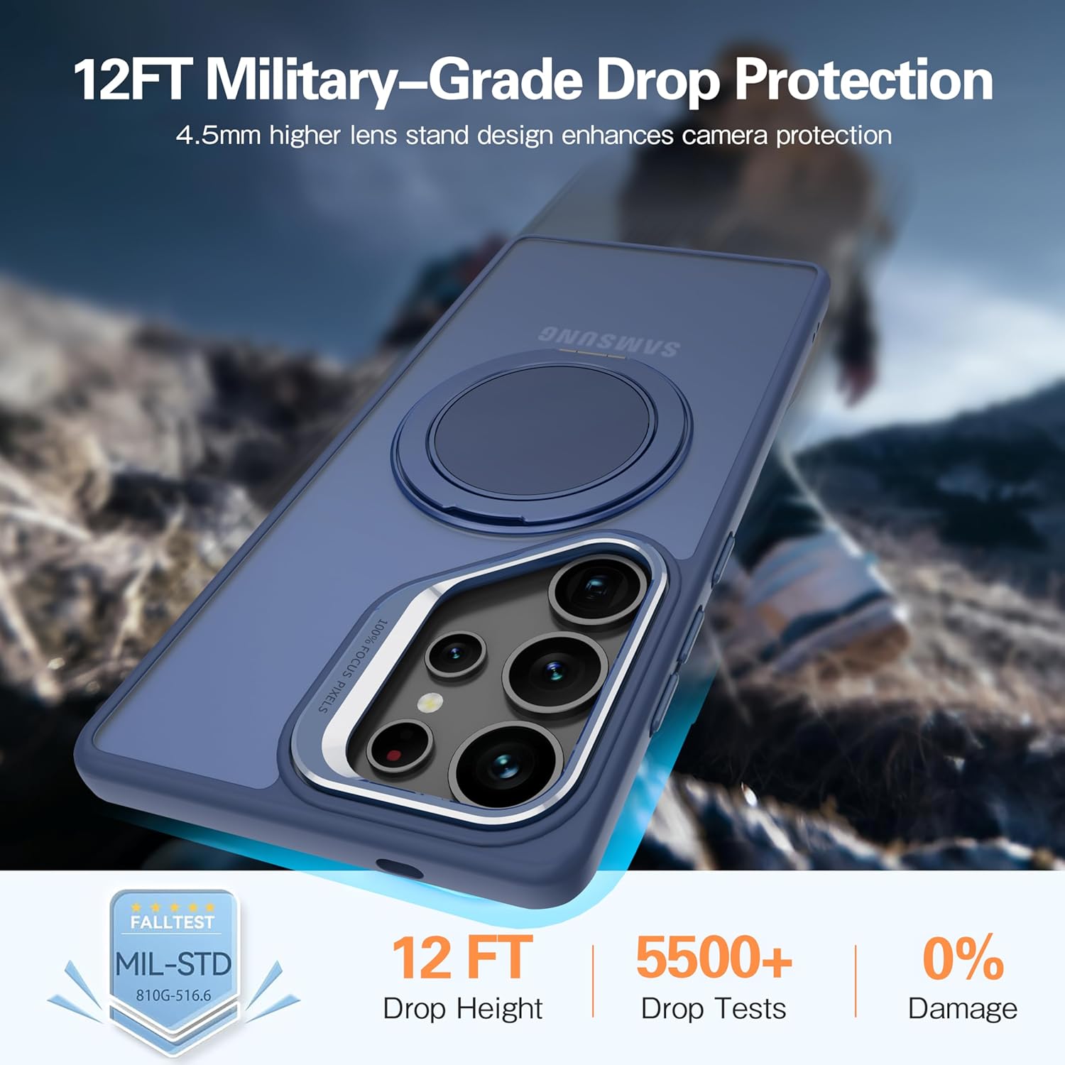 GOLDJU for Samsung Galaxy S25 Ultra Case with 360°Rotatable Magnetic Stand [Military Drop Protection] [Compatible with MagSafe] Matte Translucent Slim S25 Ultra Case with 9H ScreenProtector, Blue 2025