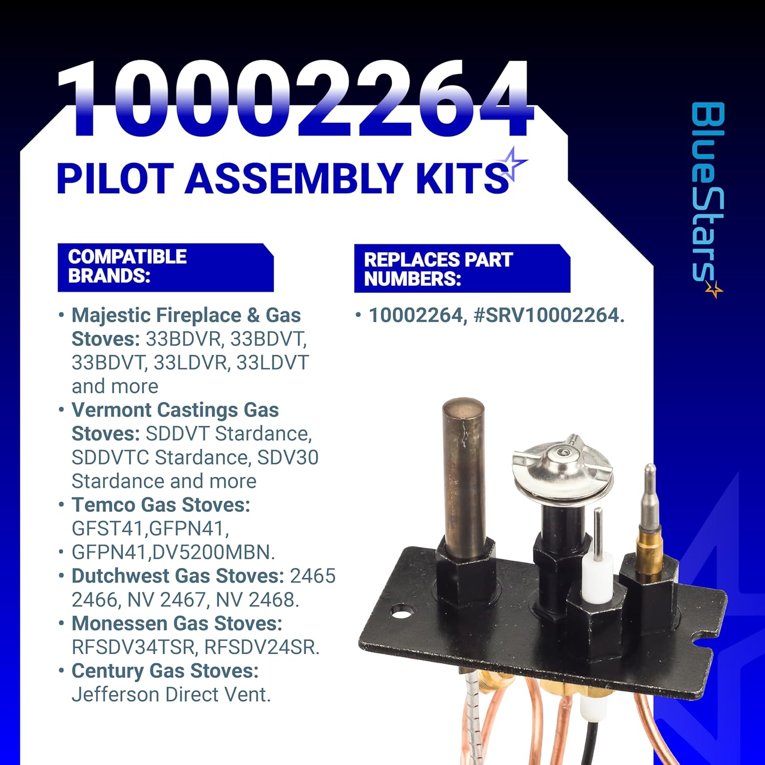 BlueStars 10002264 Natural Gas 3 Way Pilot Assembly Kits - Compatible with HHT Majestic Monessen Temco Vermont Castings Fireplaces - SRV10002264 LP NG 3 Way Pilot with Thermocouple