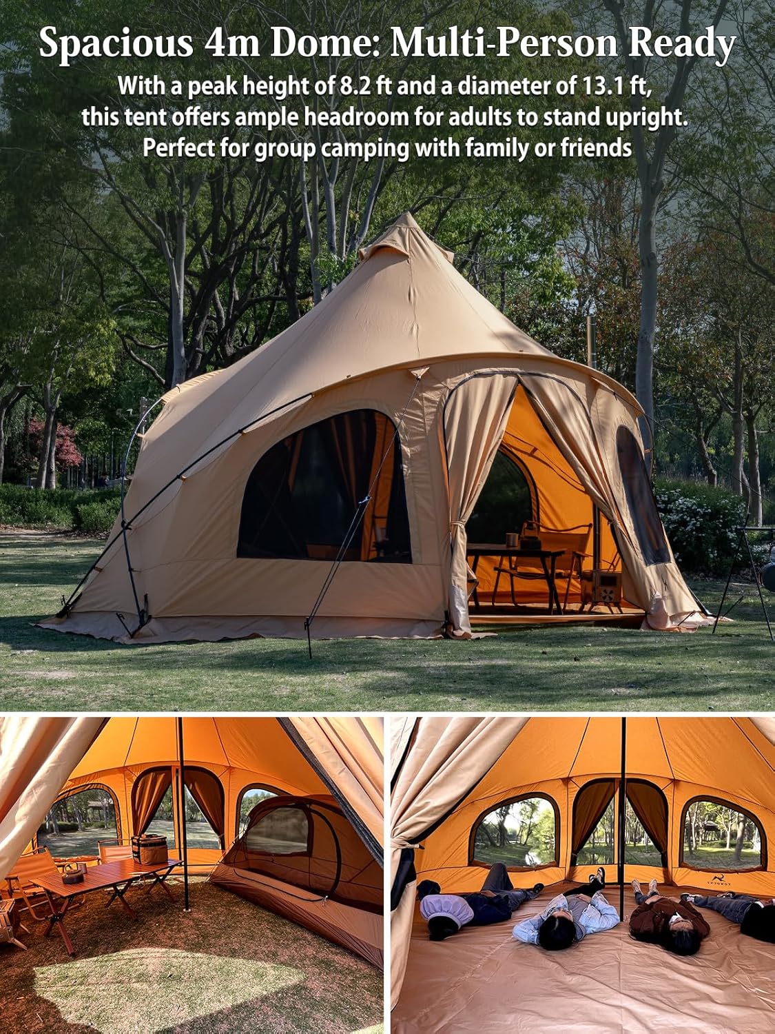 Canvas Bell Tent with Stove Jack 4 Person Tent Large Luxury 4 Season Yurt for Family Camping Glamping Party
