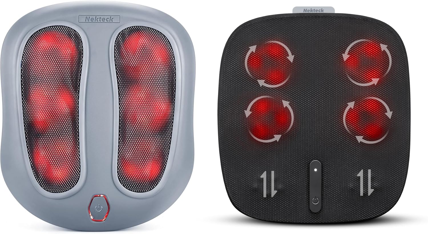 Nekteck FM01 gray foot massager and FM10 black foot massager side-by-side.