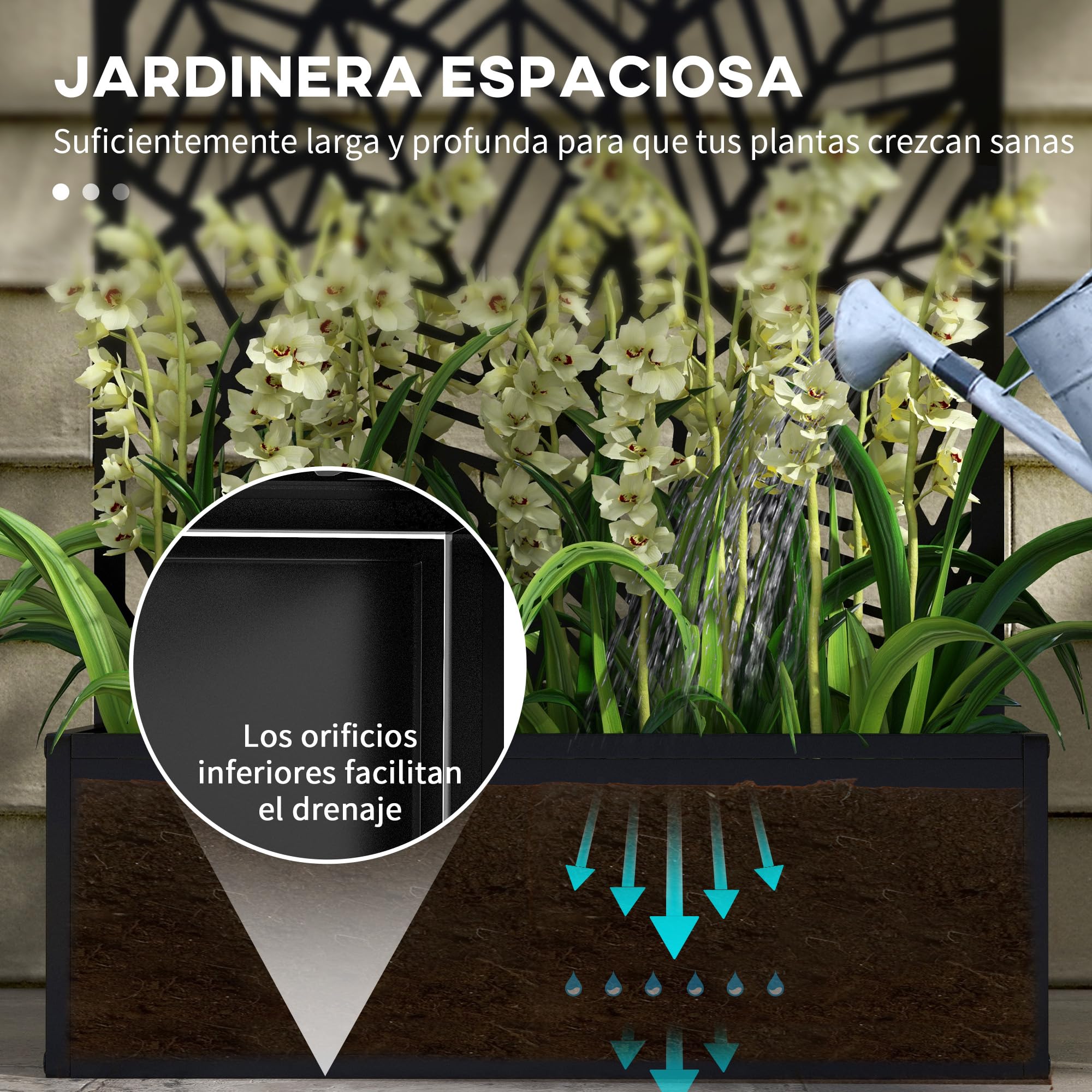 Outsunny Jardinera Exterior Grande de Metal Jardinera con Pantalla de Privacidad de Hojas Decorativas Jardinera de Pared o Independiente para Patio Terraza 61x23x113 cm Negro