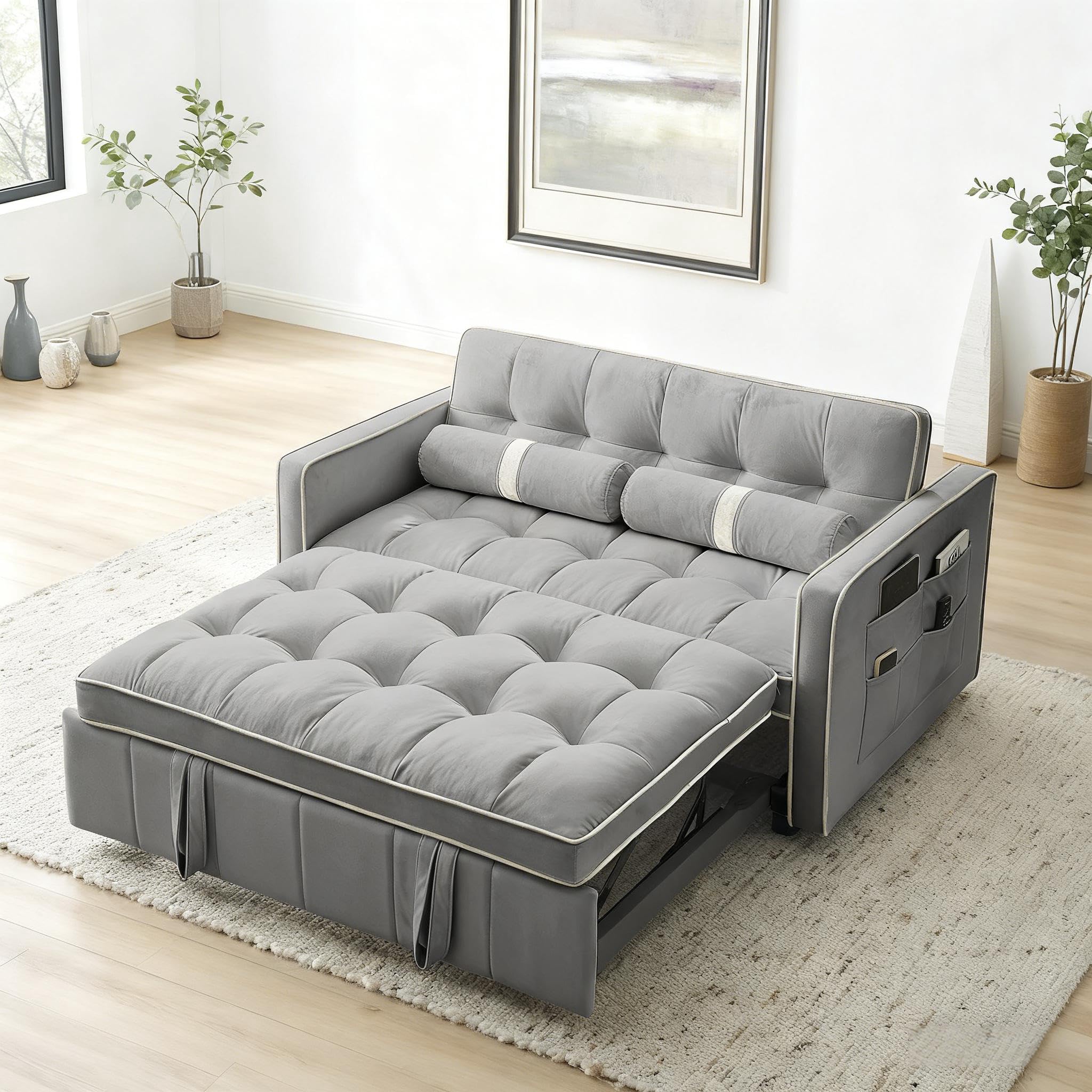 KMBOHE 3 in 1 Convertible Sleeper Futon Sofa Bed, 55.5" Velvet Small Loveseat Lounge Couches with Side Pockets, Adjsutable Backrest and 2 Lumbar